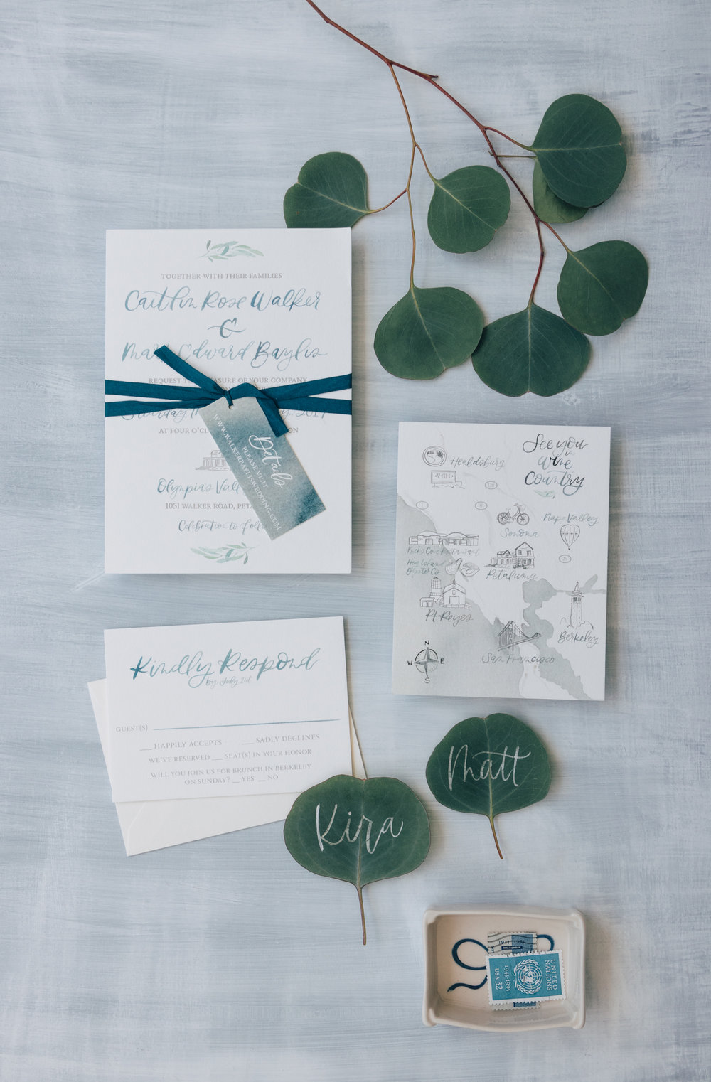 Unique Blue Watercolor Wedding Invitation for a Wine Country Wedding