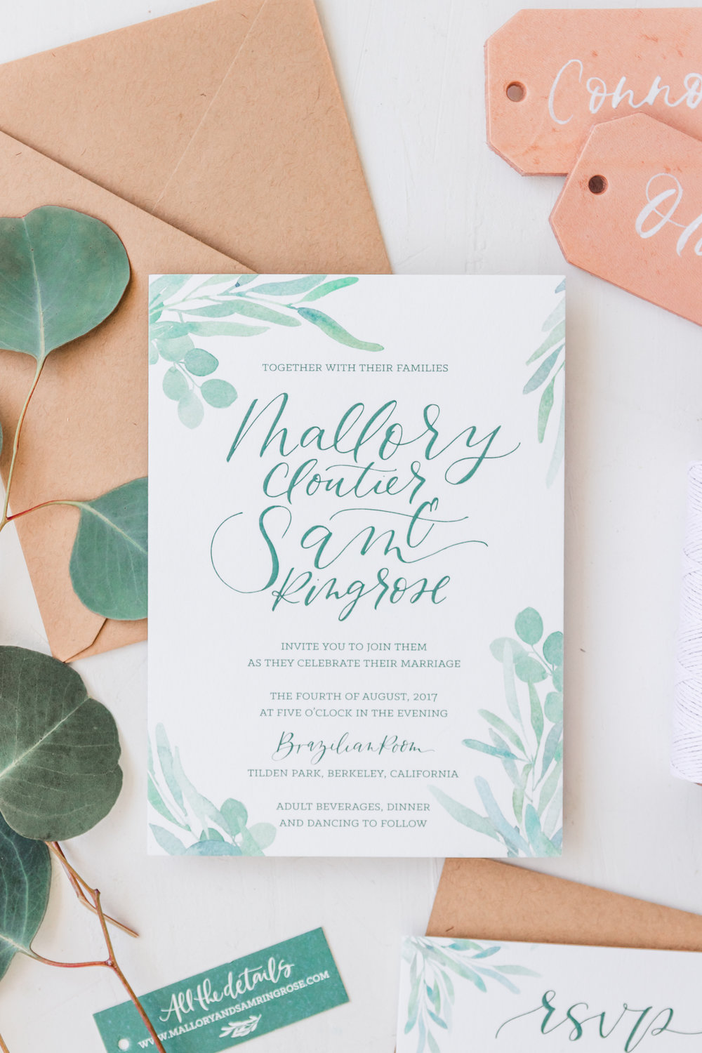 Rustic Watercolor Greenery Wedding Invitation for California Wedding