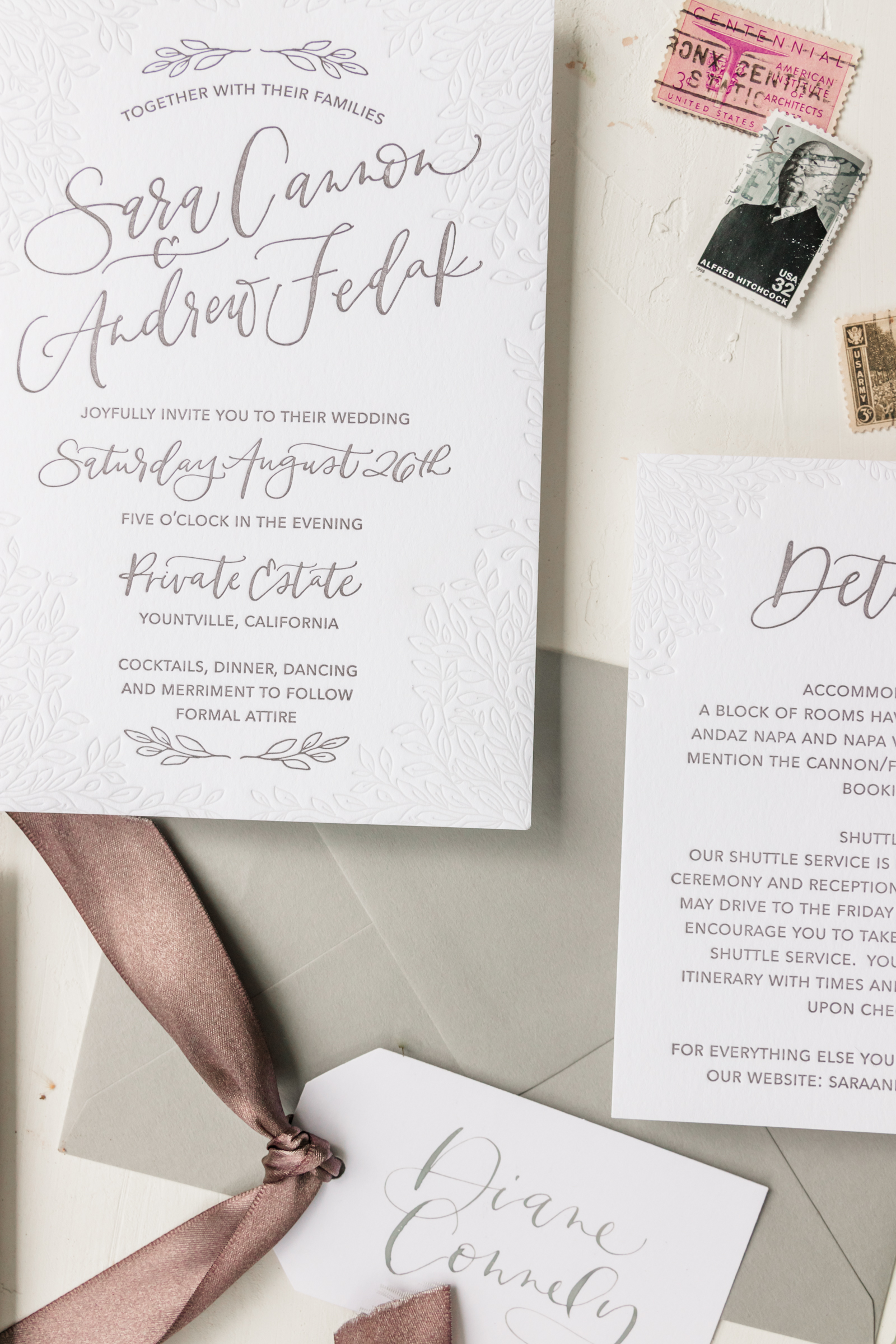 Elegant Grey Wedding Invitation with Unique Blind Letterpress