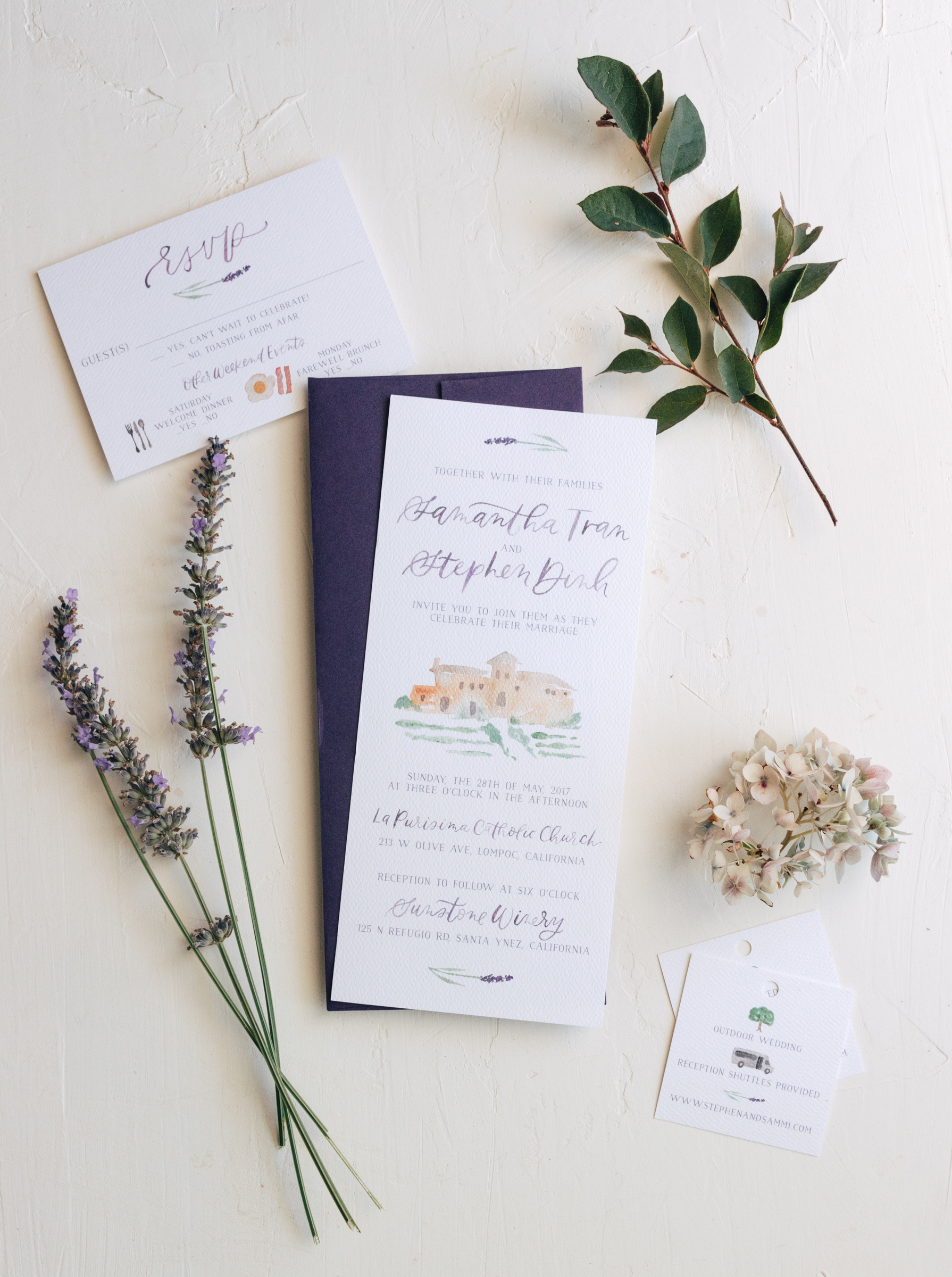 Romantic Watercolor Venue and Lavender Wedding Invitation