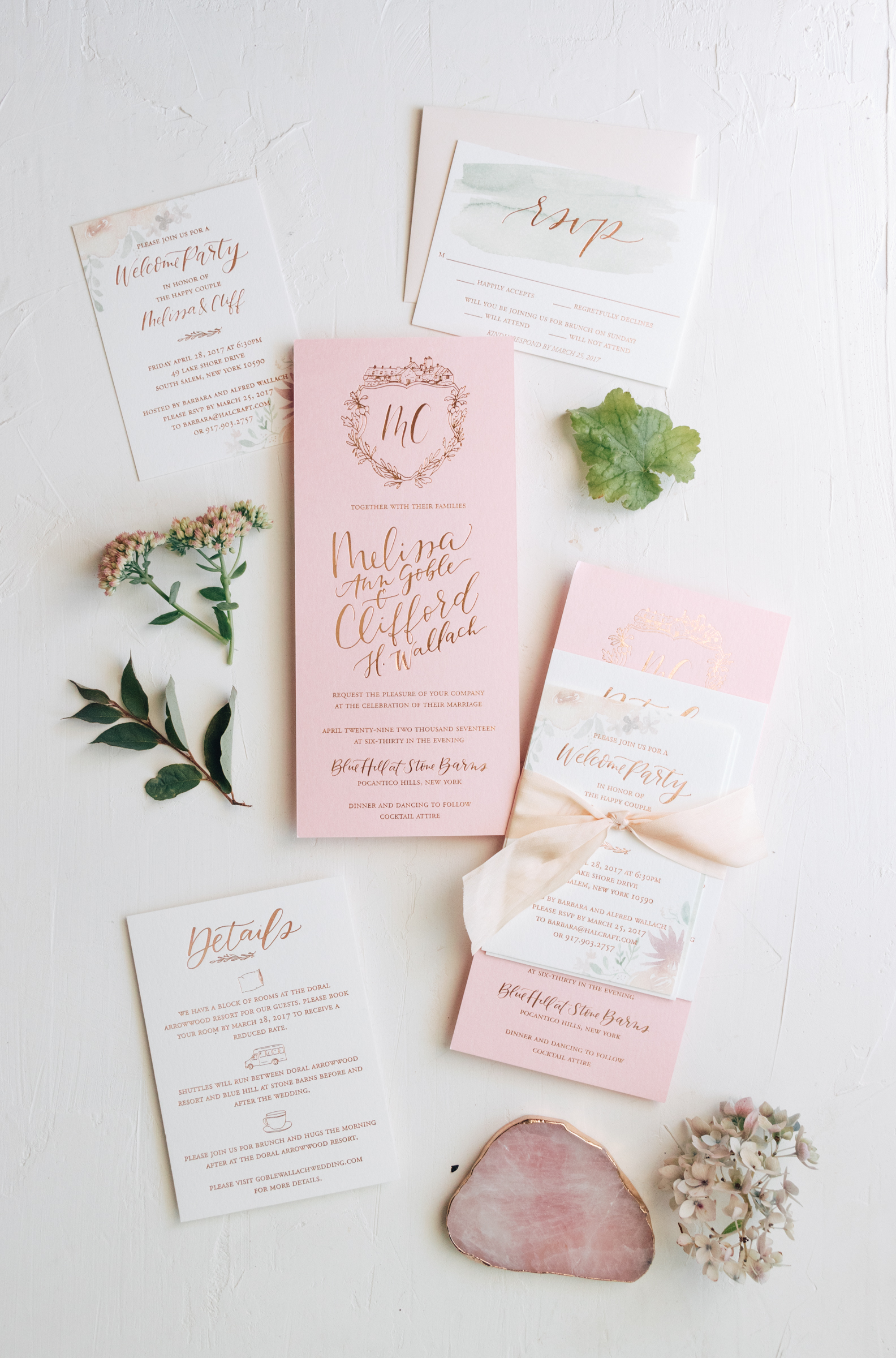 Romantic Wedding Invitation Suite with Copper Foil Crest