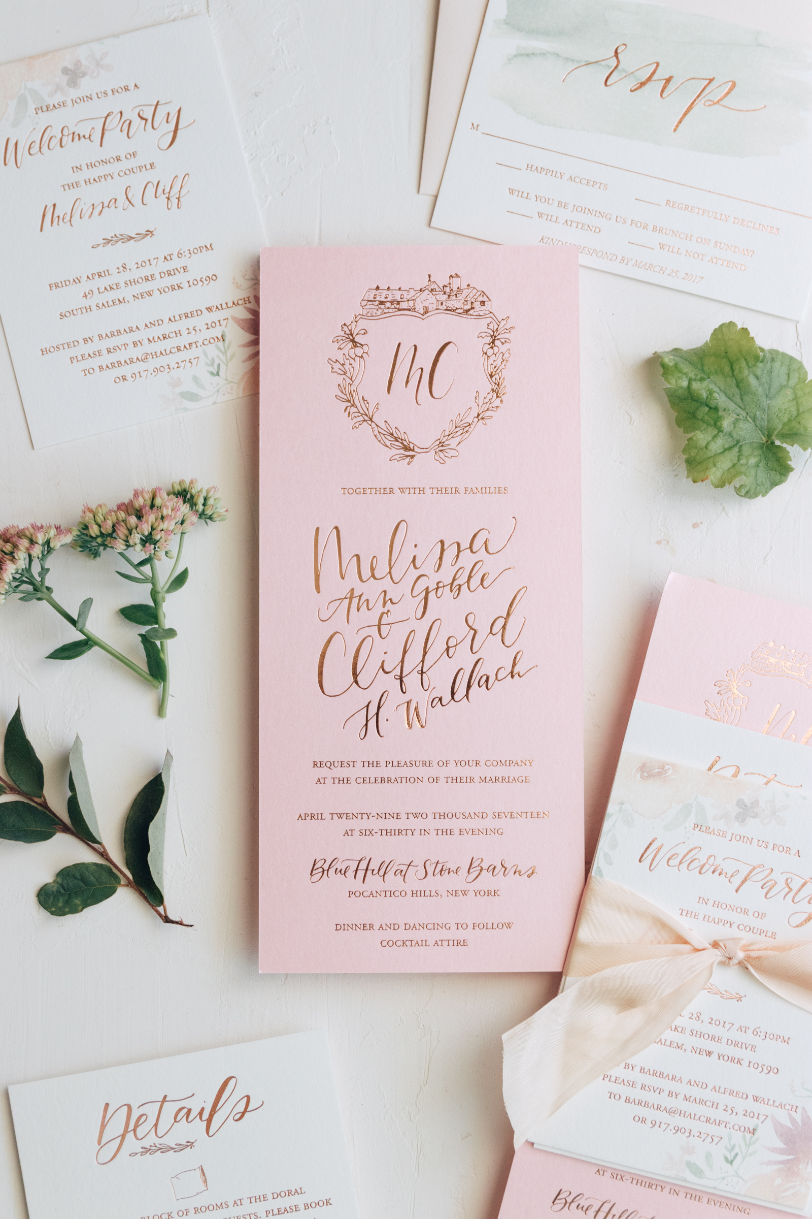 Feminine Pink Wedding Invitation with Illustrated Crest