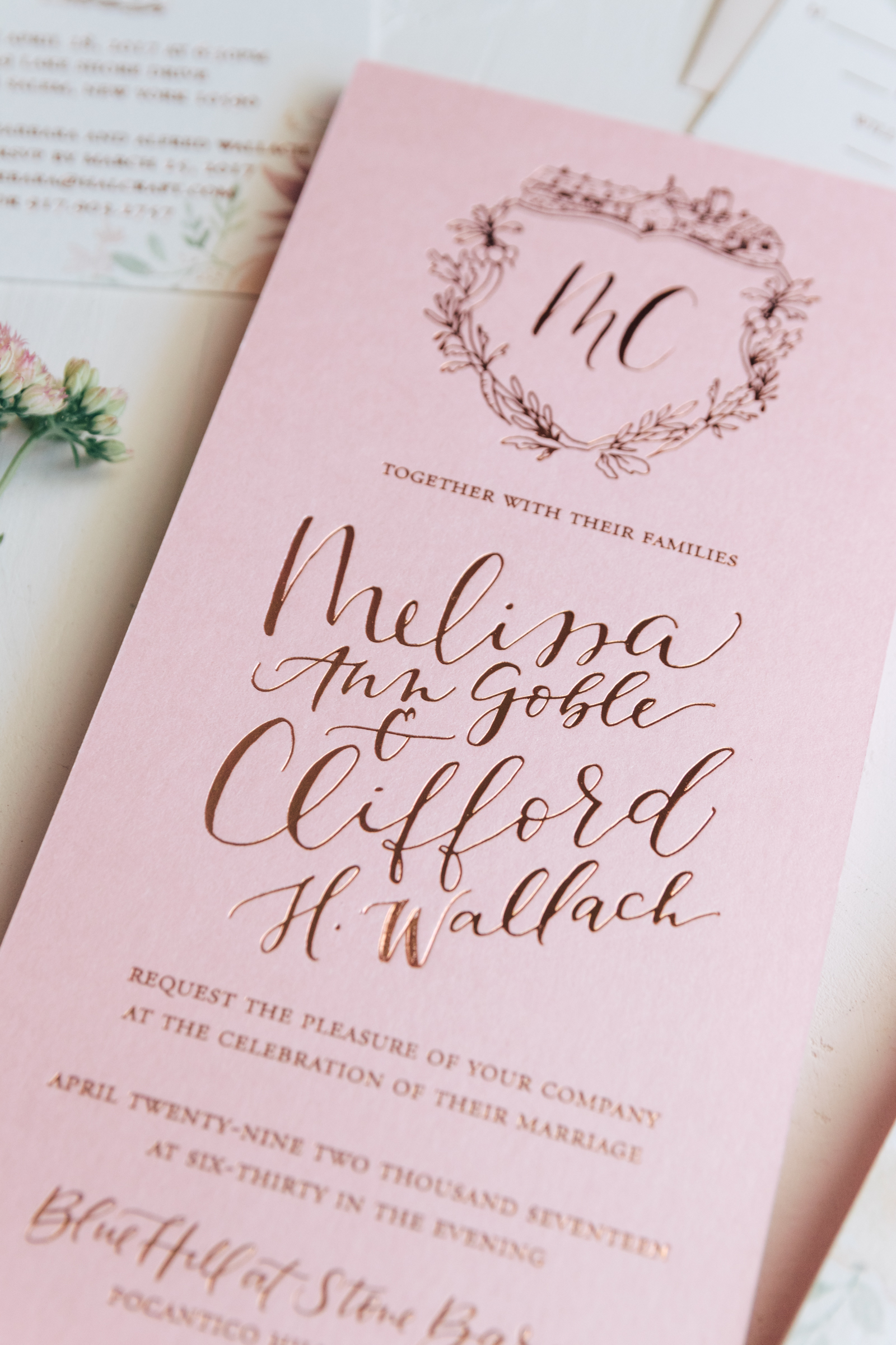 Copper foil script on pink paper