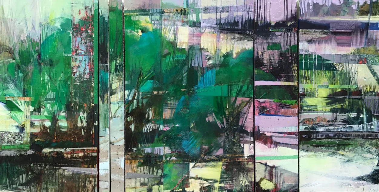 Reconfigured: Fourteen , Oil and tape on three wood and three insulation-foam panels, 71.5” x 36”, 2017