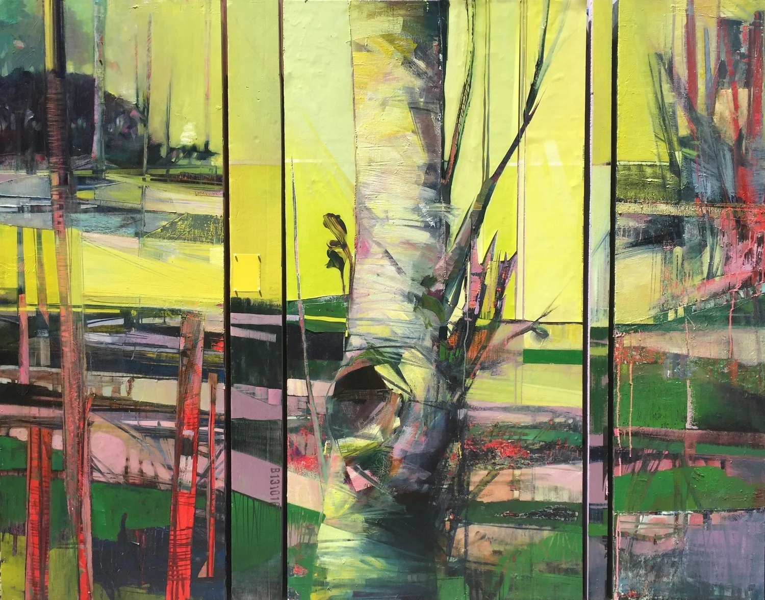 Reconfigured: Seven, Oil, Pantone paper, tape and pins on three wooden and two insulation panels, 62 x 48.5"