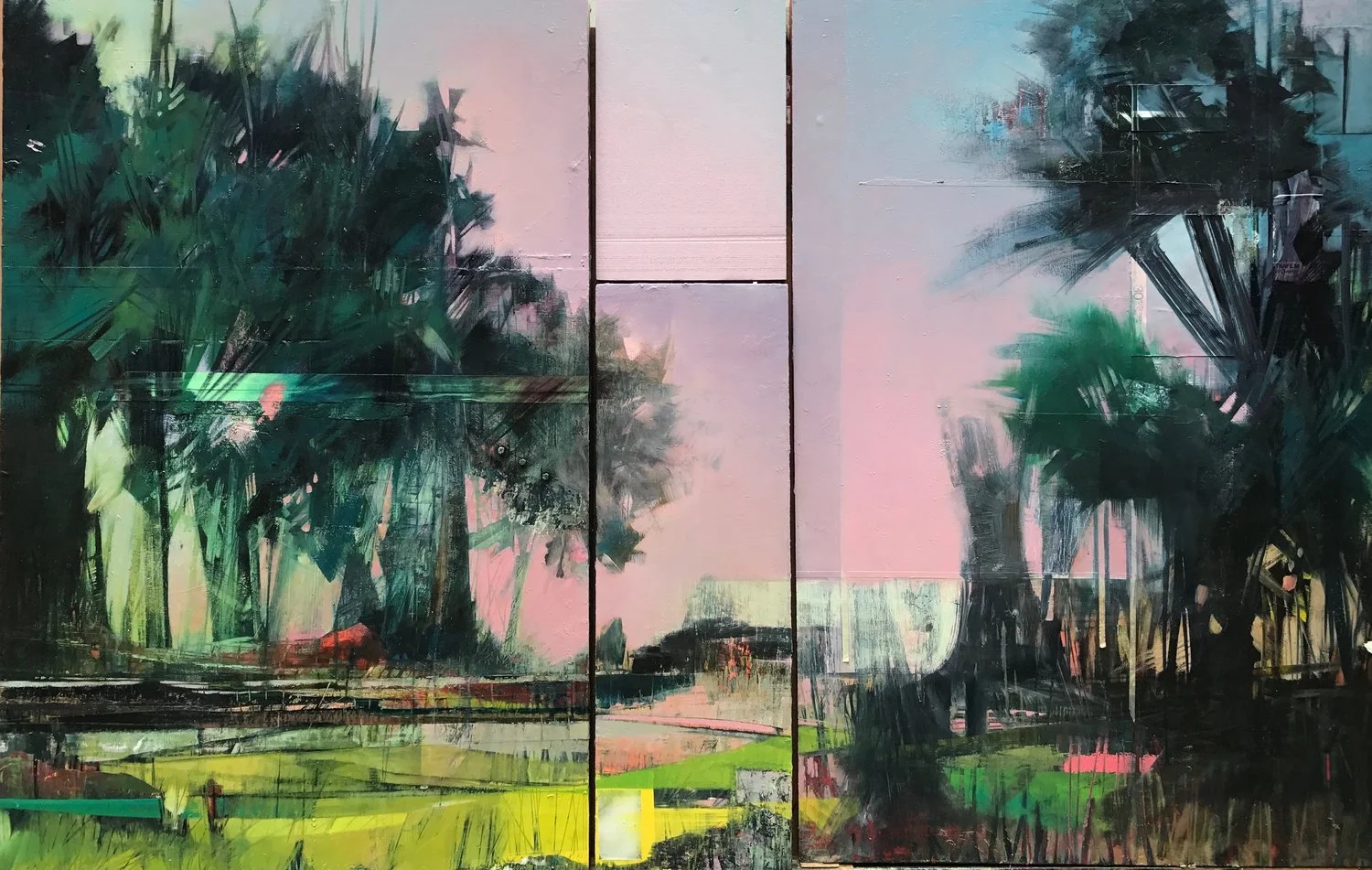 Reconfigured: Twelve , Oil, nails and tape on three wooden panels and one panel insulation foam, 56" x 36.25", 2017