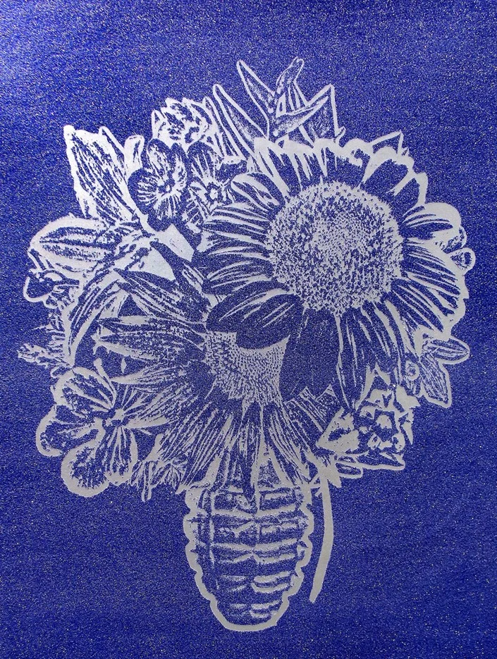 Flower Vase Silver on Blue , SilkScreen/Hand Painting/DiamondDust, Ed.: 3, 56 x 42 in, 2016