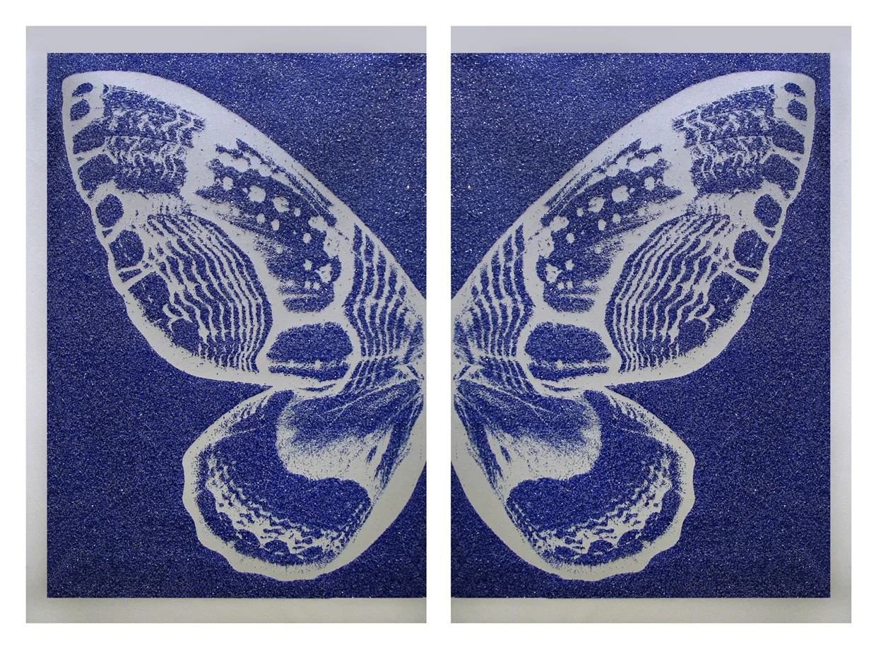 Hybrid Diptych Silver Butterfly I on Blue , SilkScreen/Hand Painting/DiamondDust, Ed.: 3, 53 x 34 in, overall 53 x 68 in, 2016.