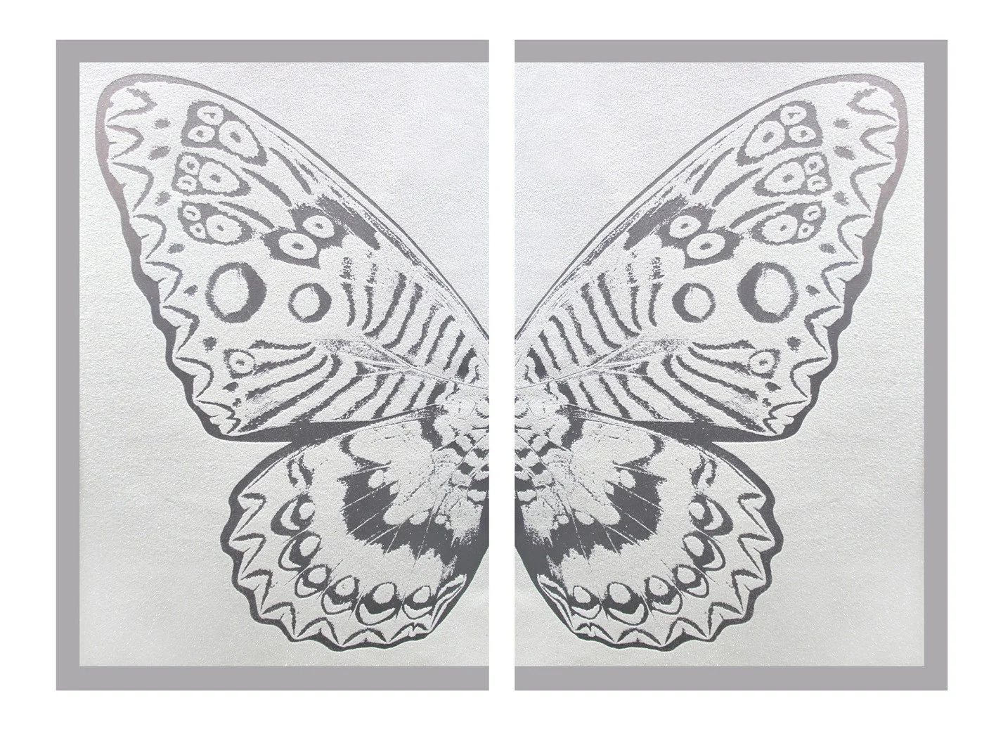Hybrid Diptych Silver Butterfly II on white , SilkScreen/Hand Painting/DiamondDust, Ed.: 3, 53 x 34 in, overall 53 x 68 in, 2016.
