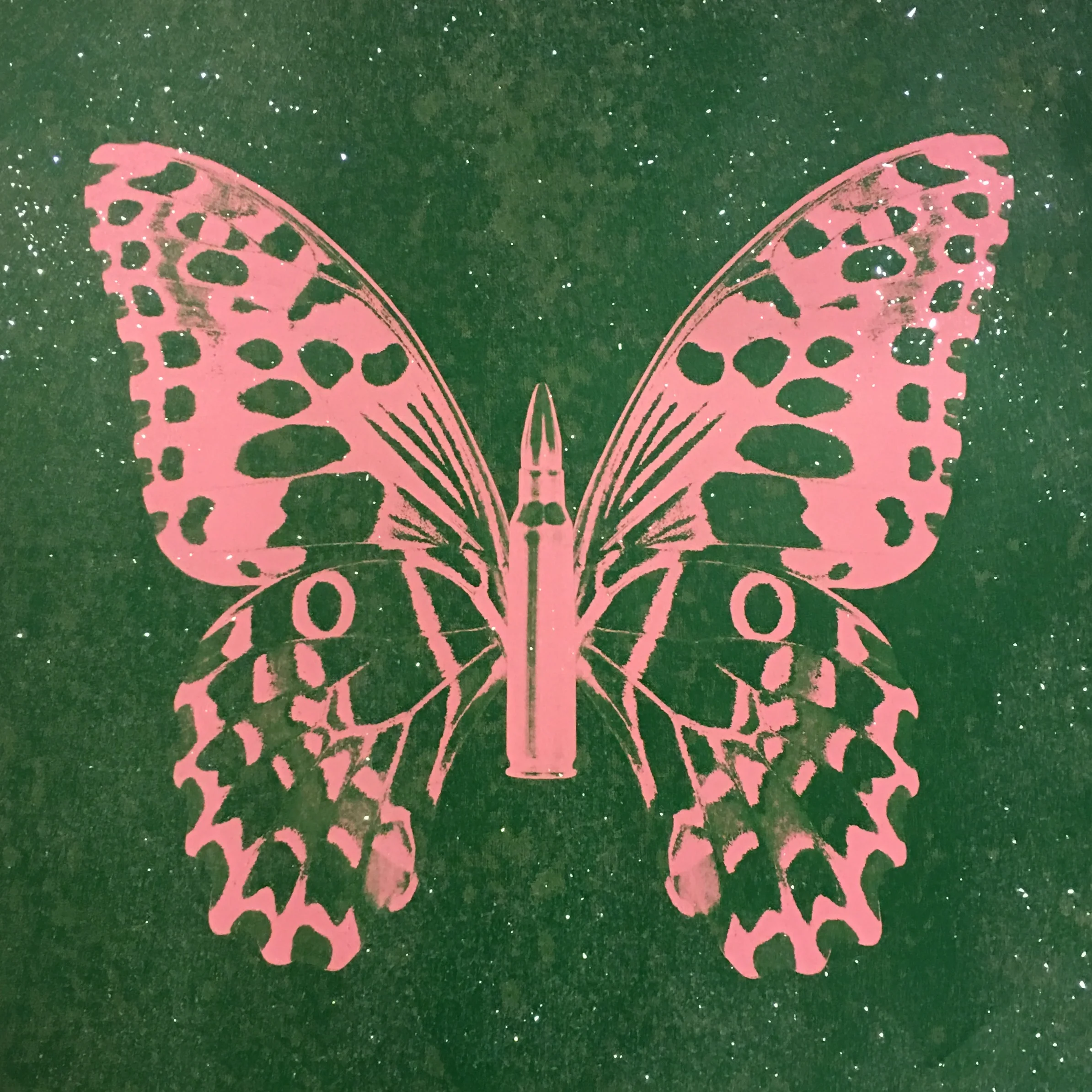 Pink Butterfly on Green Sand , SilkScreen/Hand Painting/DiamondDust, Ed.: 5, 24 x 24 in, 2013.
