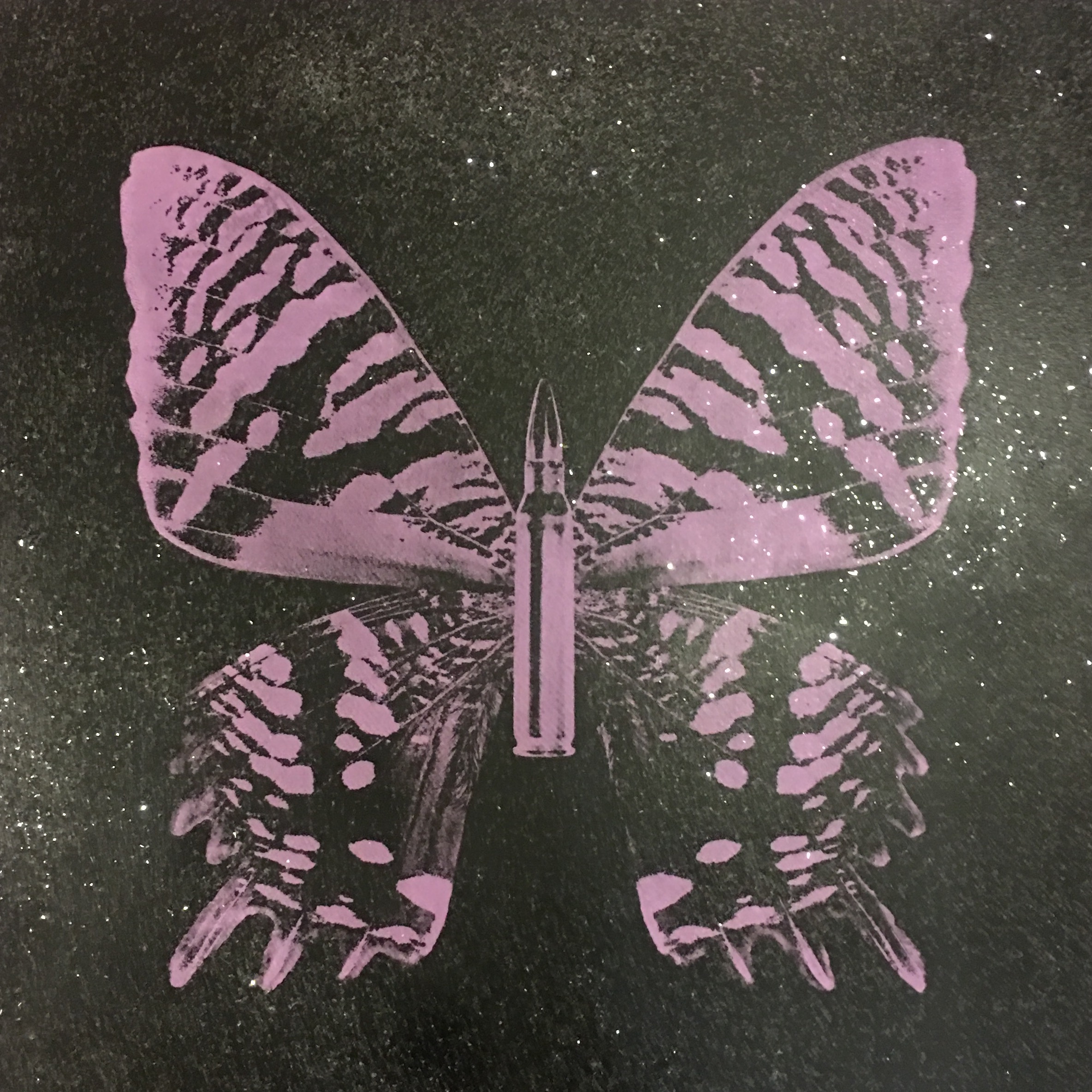 Purple Butterfly on Black Sand, SilkScreen/Hand Painting/DiamondDust, Ed.: 5, 24 x 24 in, 2016