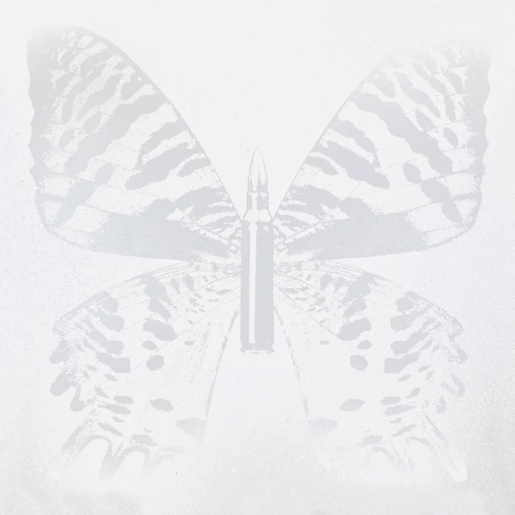 Silver Butterfly on White III , SilkScreen/Hand Painting/DiamondDust, Ed.: 5, 38 x 38 in, 2013.