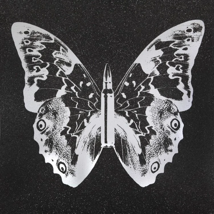 Silver Butterfly on Black II , SilkScreen/Hand Painting/DiamondDust, Ed.: 5, 38 x 38 in, 2013.
