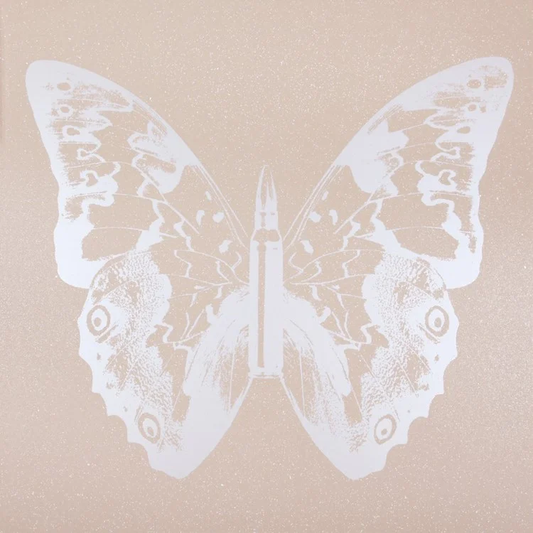 Pearl Butterfly on Pink Sand II , SilkScreen/Hand Painting/DiamondDust, Ed.: 5, 38 x 38 in, 2013.