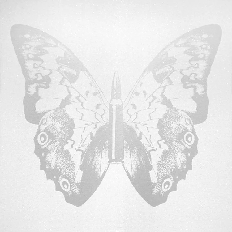 Silver Butterfly on White II , SilkScreen/Hand Painting/DiamondDust, Ed.: 5, 38 x 38 in, 2013.