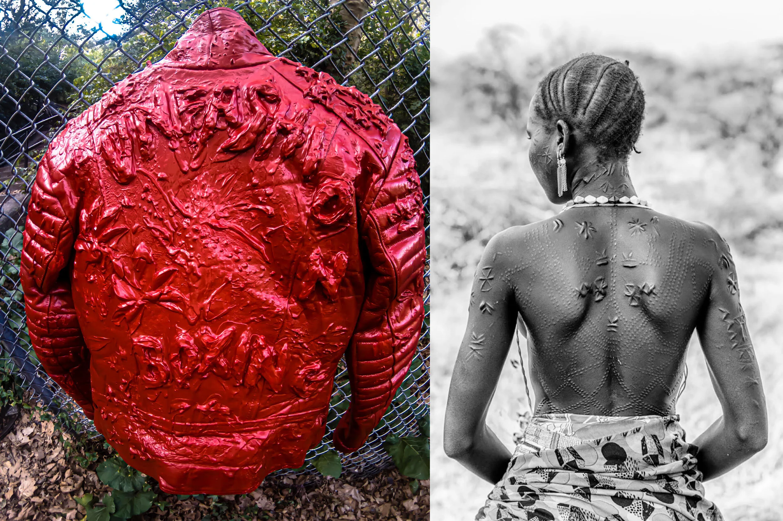 (L) Sculptural leather jacket by Mimi Plange. (R) scarification inspiration; a photograph by Trevor Cole.