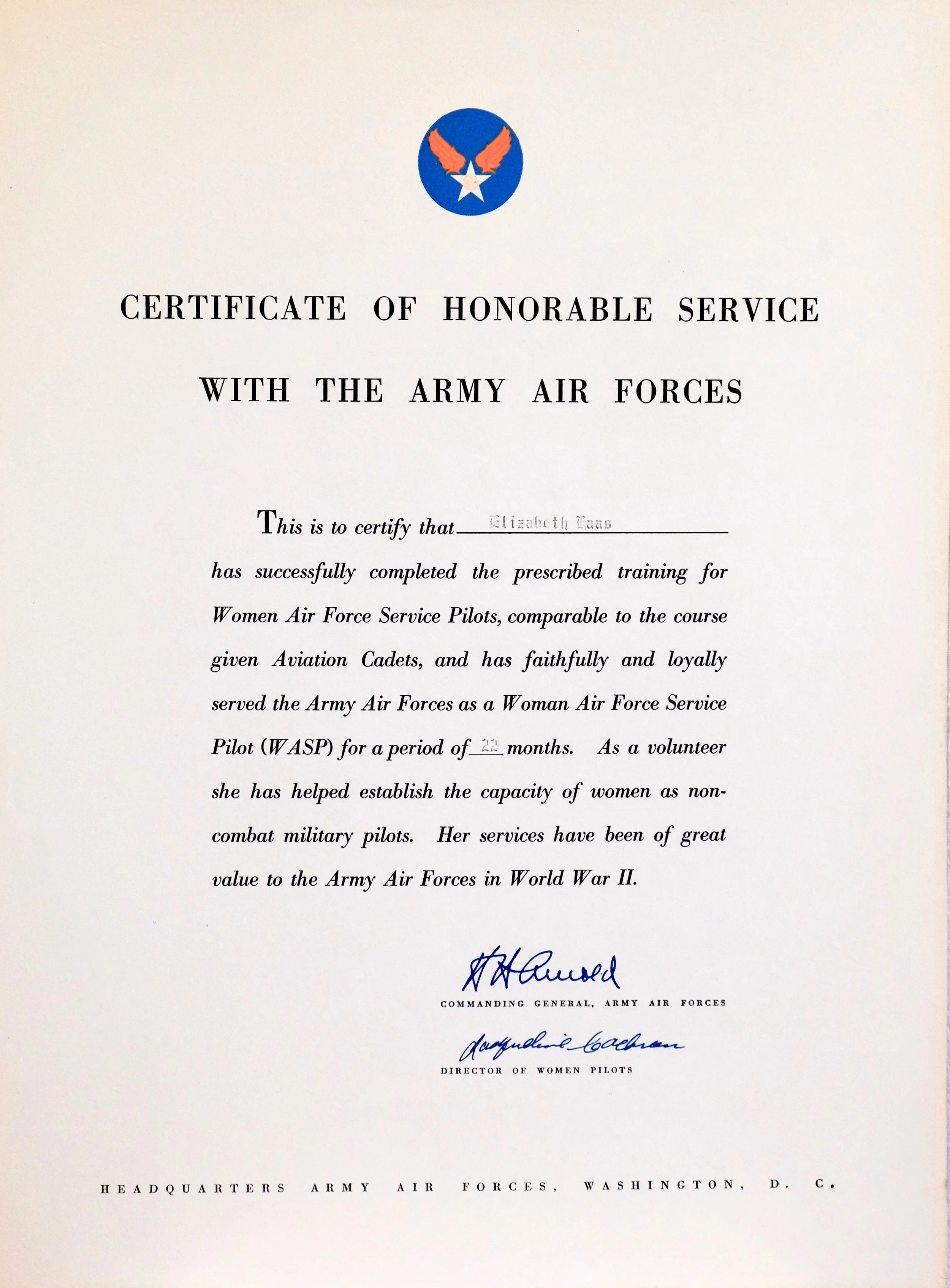 1943 - Certificate of Honorable Service