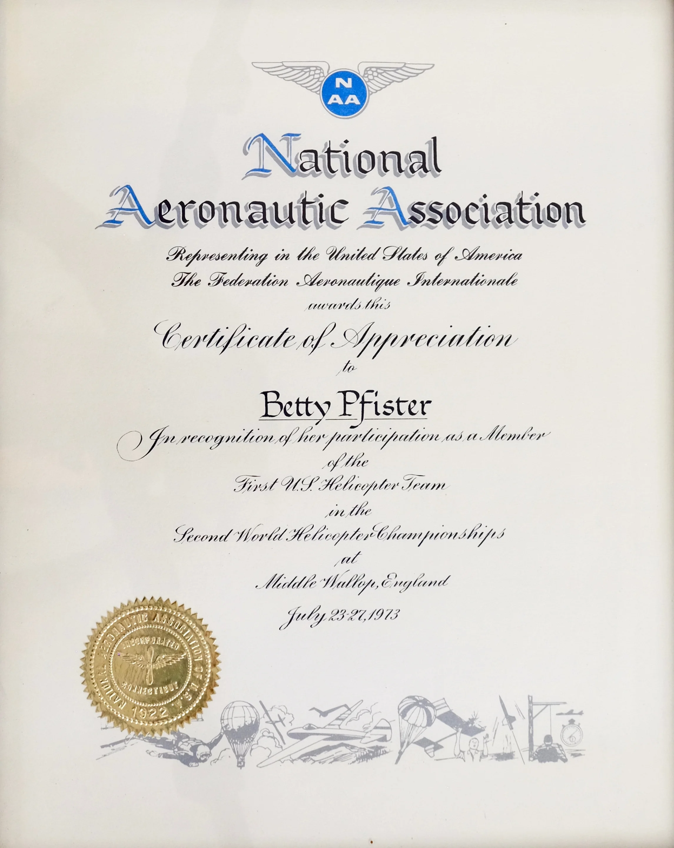 1973 - Certificate of Appreciation on Helicopter Team