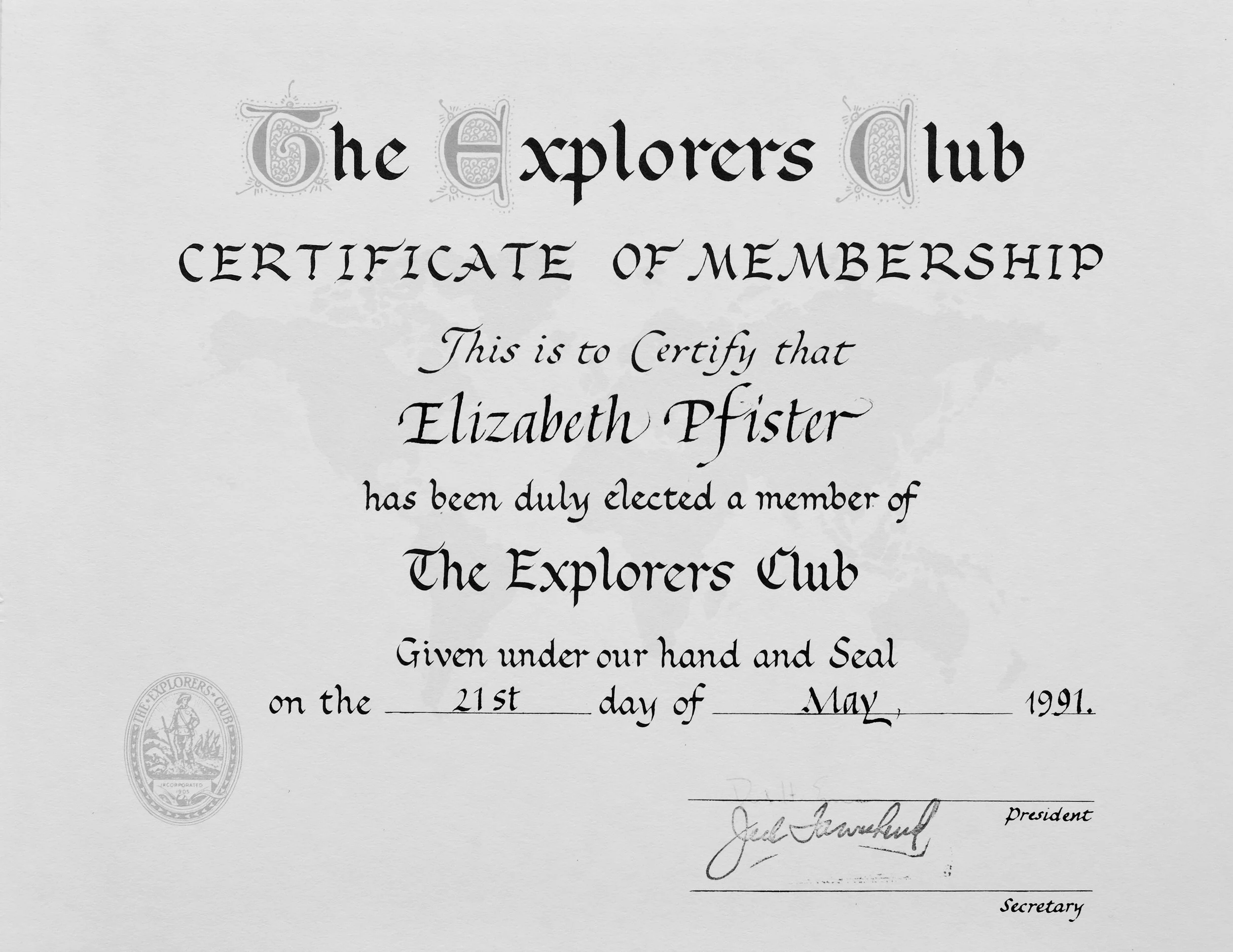 1991 - Certificate of Membership of Explorers Club