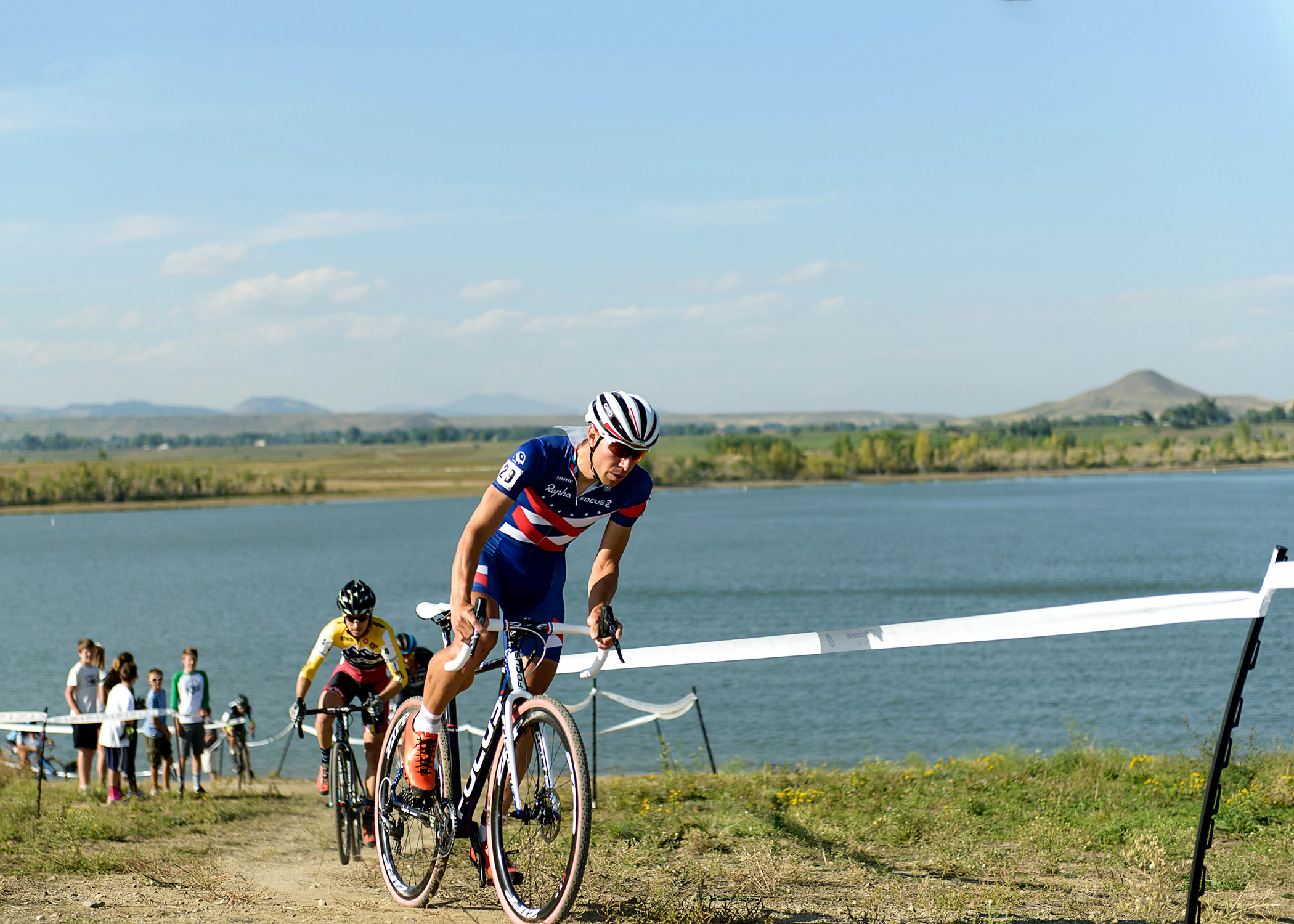 National Cyclocross Champion Jeremy Powers leads Allen Krughoff. Boulder Reservoir. Boulder, CO.