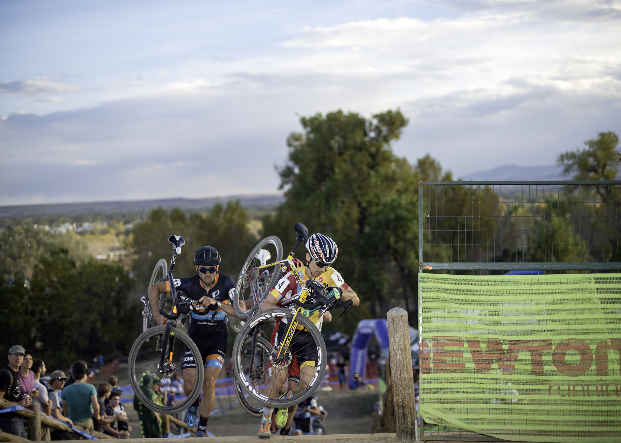  Allen Krugoff leads Danny Summerhill at the top of The Belgian Stairs. Valmont Bike Park. Boulder, CO. 