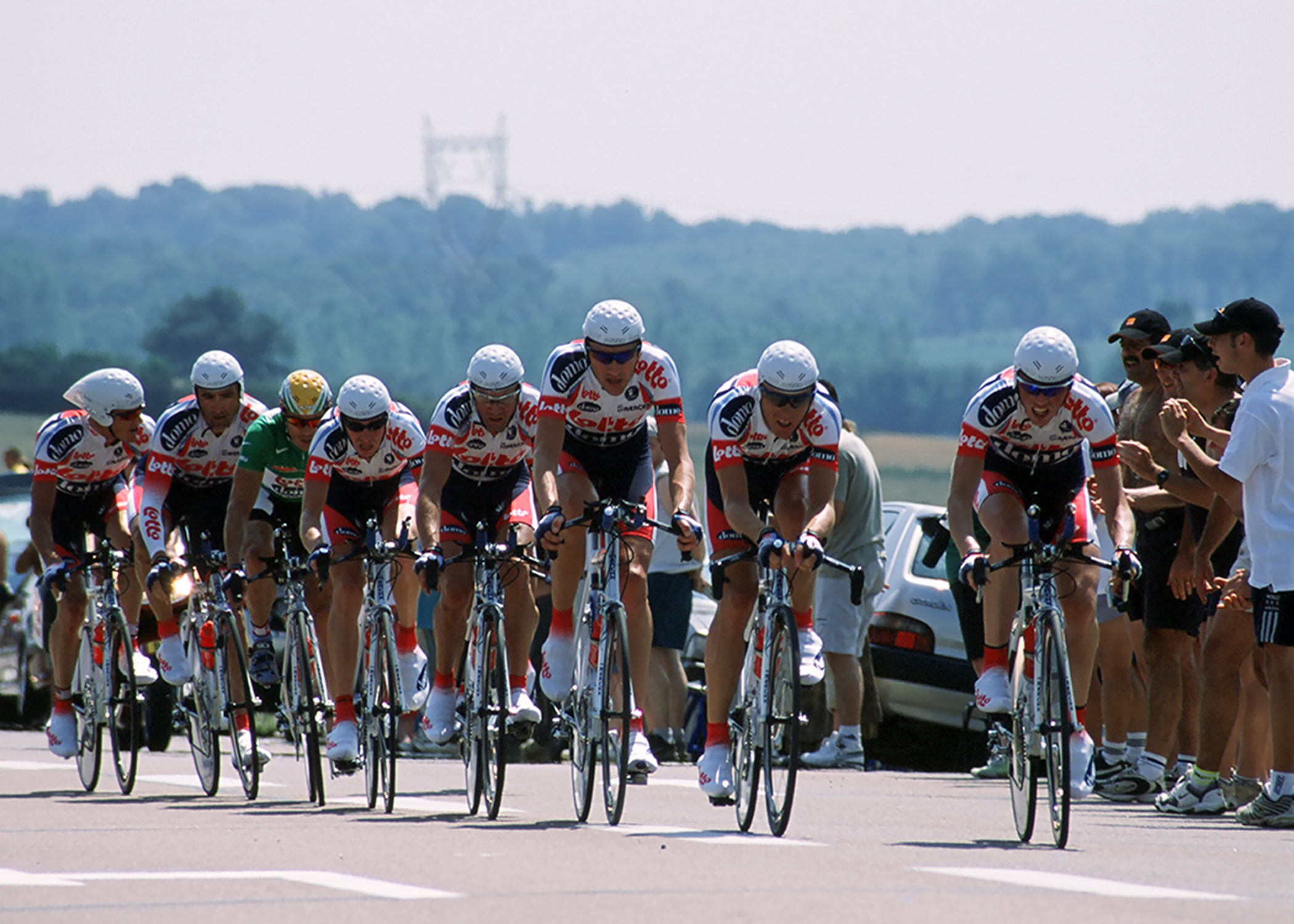The Lotto team during the Team Time Trial at The Tour De France. Shot on film.
