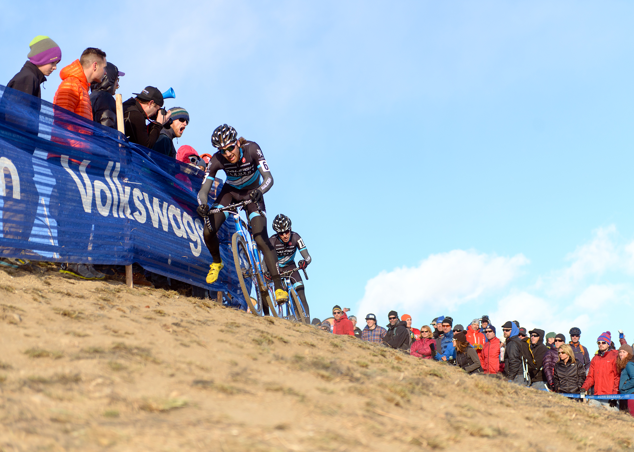  Jamie Driscoll leads his Raleigh/Clement teammate Allen Krughoff at the National Cyclocross Championships at Valmont Bike Park in Boulder, CO. 