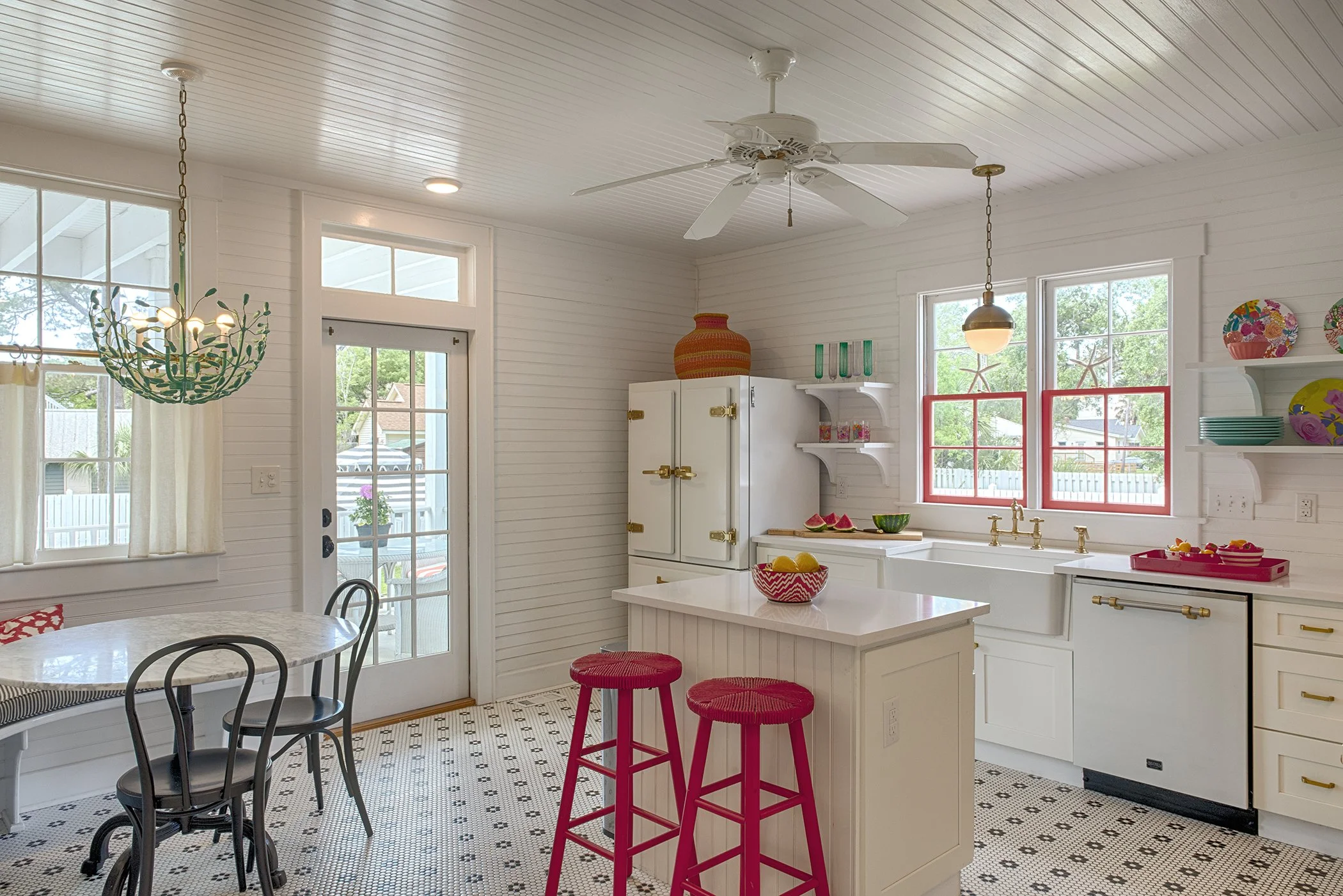 Interior architectural photograph of the kitchen at Bliss Cottage on Tybee Island.