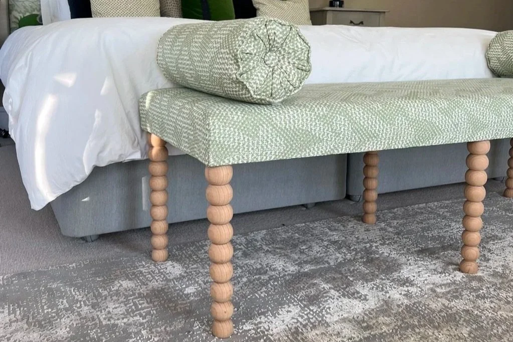  Bespoke bedroom bench. Custom turned legs (still to be painted)! 