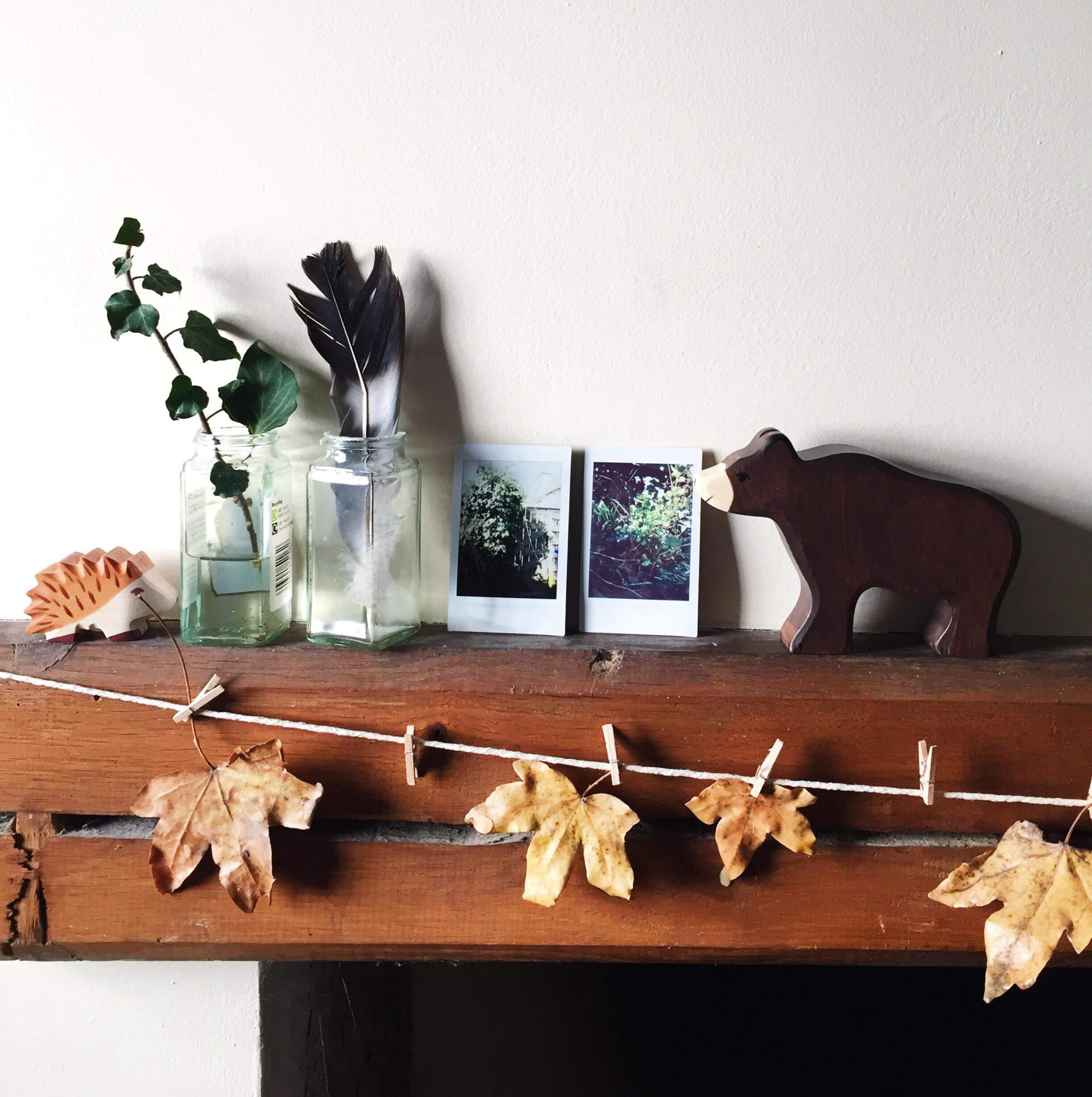 We created this leaf garland over autumn, and made small vases from empty spice jars. Sometimes I take out our polaroid camera for nature walks, and I love the idea of getting Eilish her own little one to record things for herself when she’s a little older.