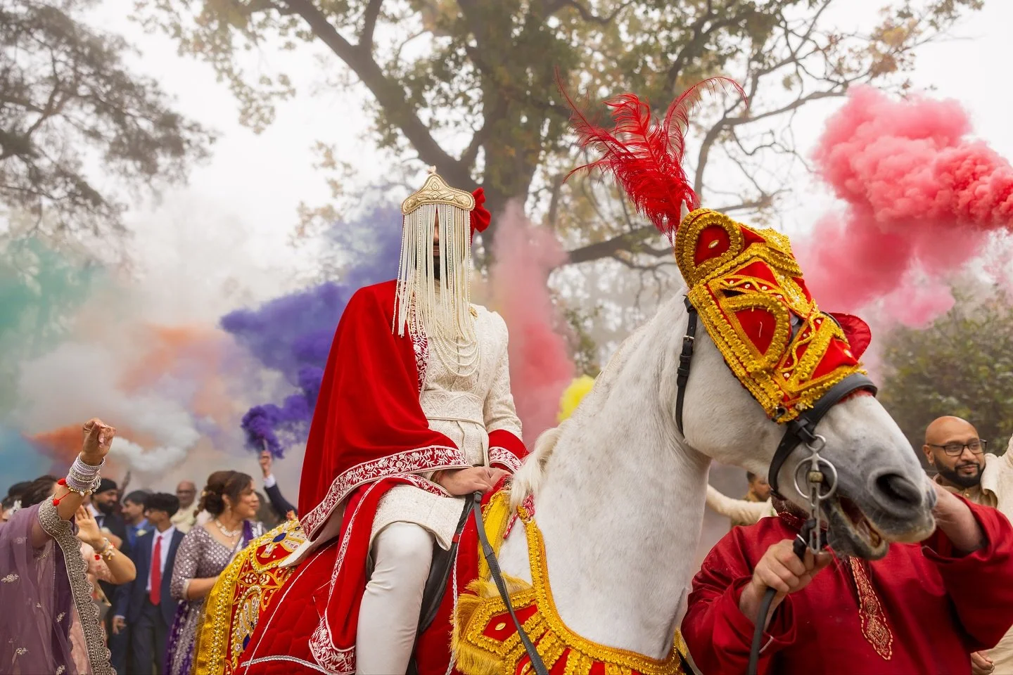 1/3 - The fog couldn&rsquo;t stop the fire! 🔥 Keshav&rsquo;s Baraat came in full blast &mdash; dhols, dancing, smoke bombs, and pure joy as the groom made his royal entrance on horseback 🐎💃🎺💥 What a start to the wedding of Keshav &amp; Puja! ❤️
