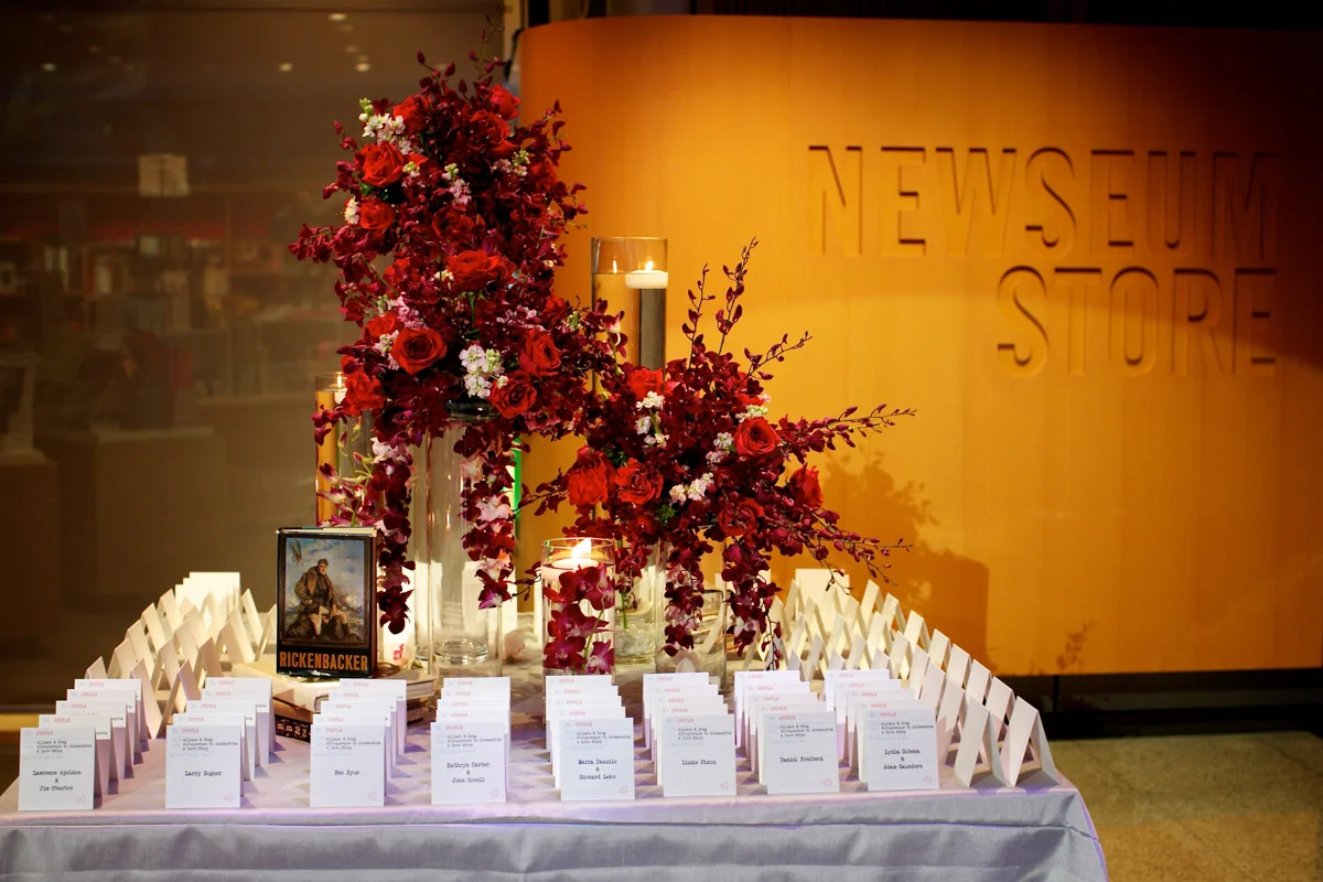 Newseum wedding seating card display in Washington DC - Planning by Bella Notte and Photo by Deb Lindsey Photography