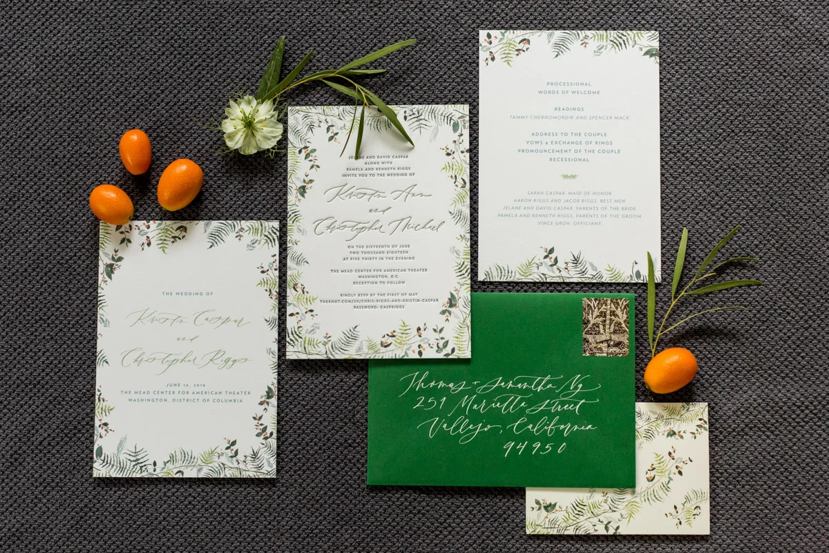 Green and white botanical wedding invitation suite, Planning by Bella Notte, Photo by Procopio Photography