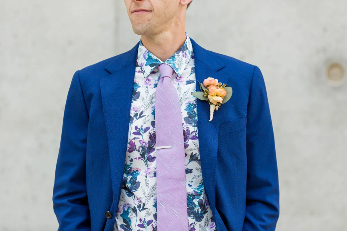 Colorful groom suit with lavender tie and floral shirt, Wedding Planning by Bella Notte, Photo by Procopio Photography