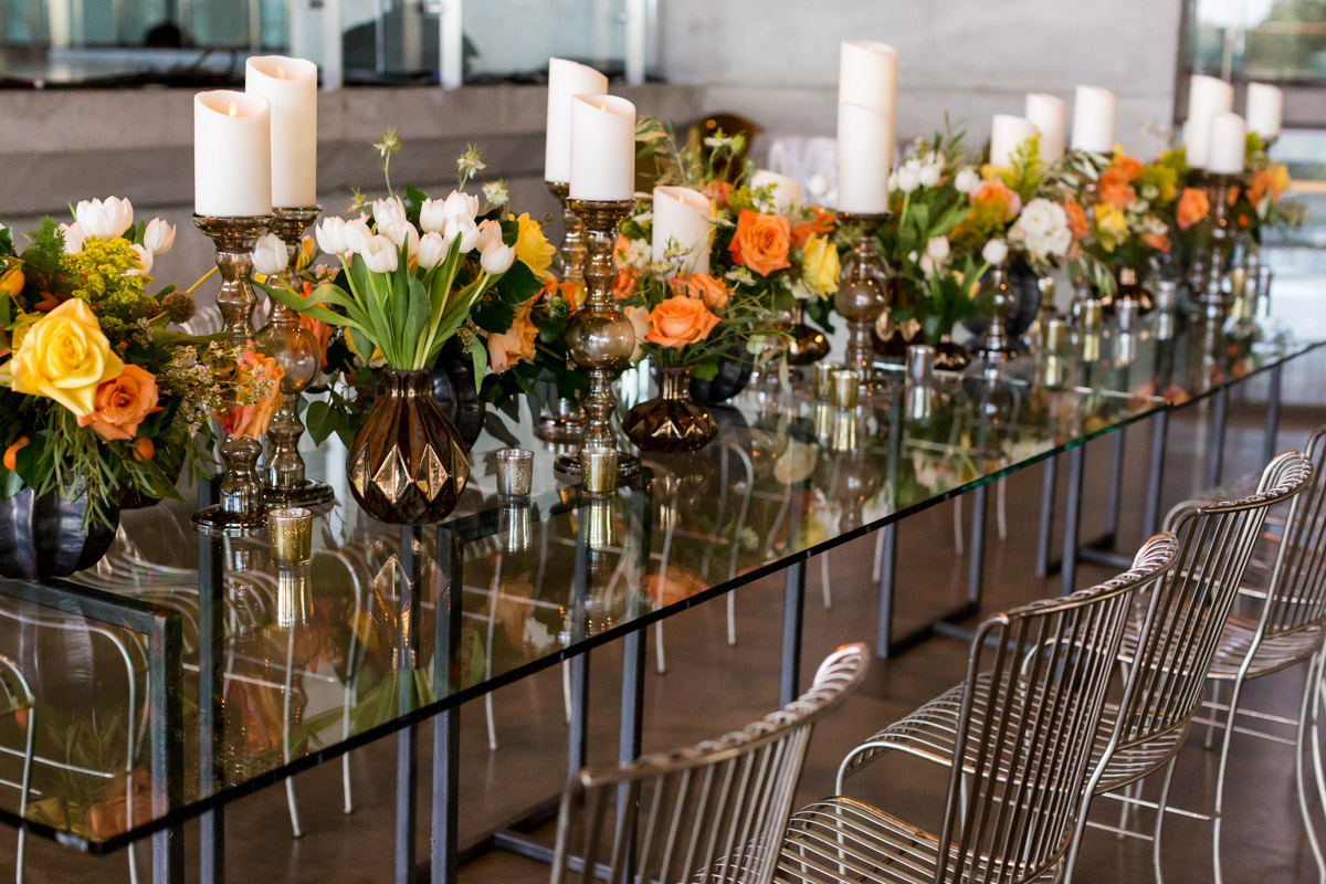 Modern orange and yellow table scape at a DC wedding at Arena Stage, Planning by Bella Notte, Photo by Procopio Photography