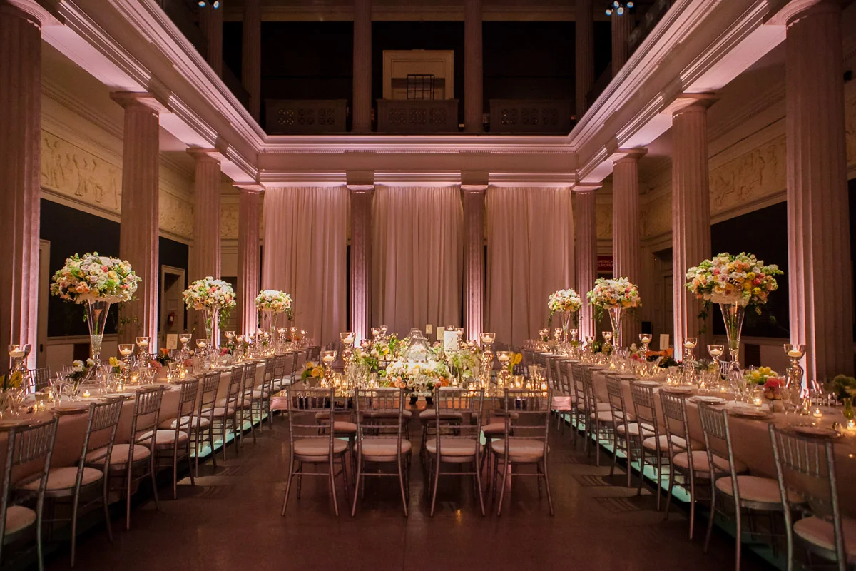 Wedding reception tables and decor at the Corcoran Gallery of Art in Washington DC, Planning by Bella Notte, Photo by Michelle Lindsay Photography