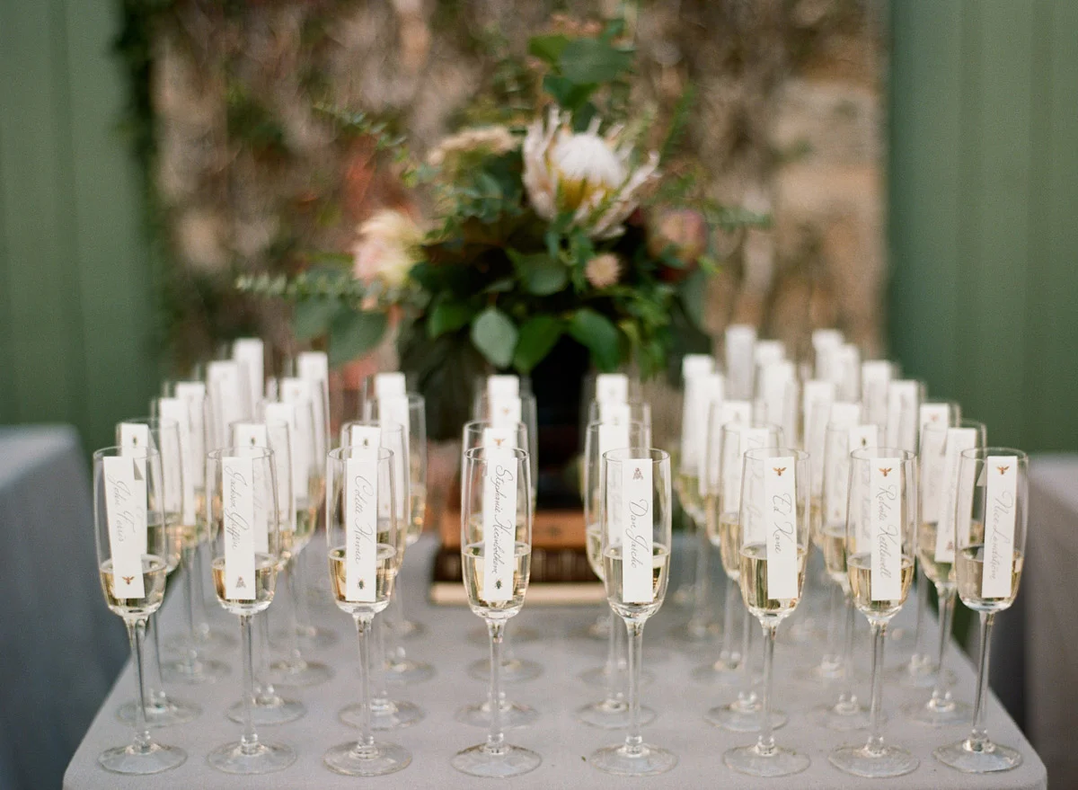 Pretty wedding champagne glass display at the Goodstone Inn, Middleburg, Virginia, Planning by Bella Notte, Photo by Elisa Bricker Photography