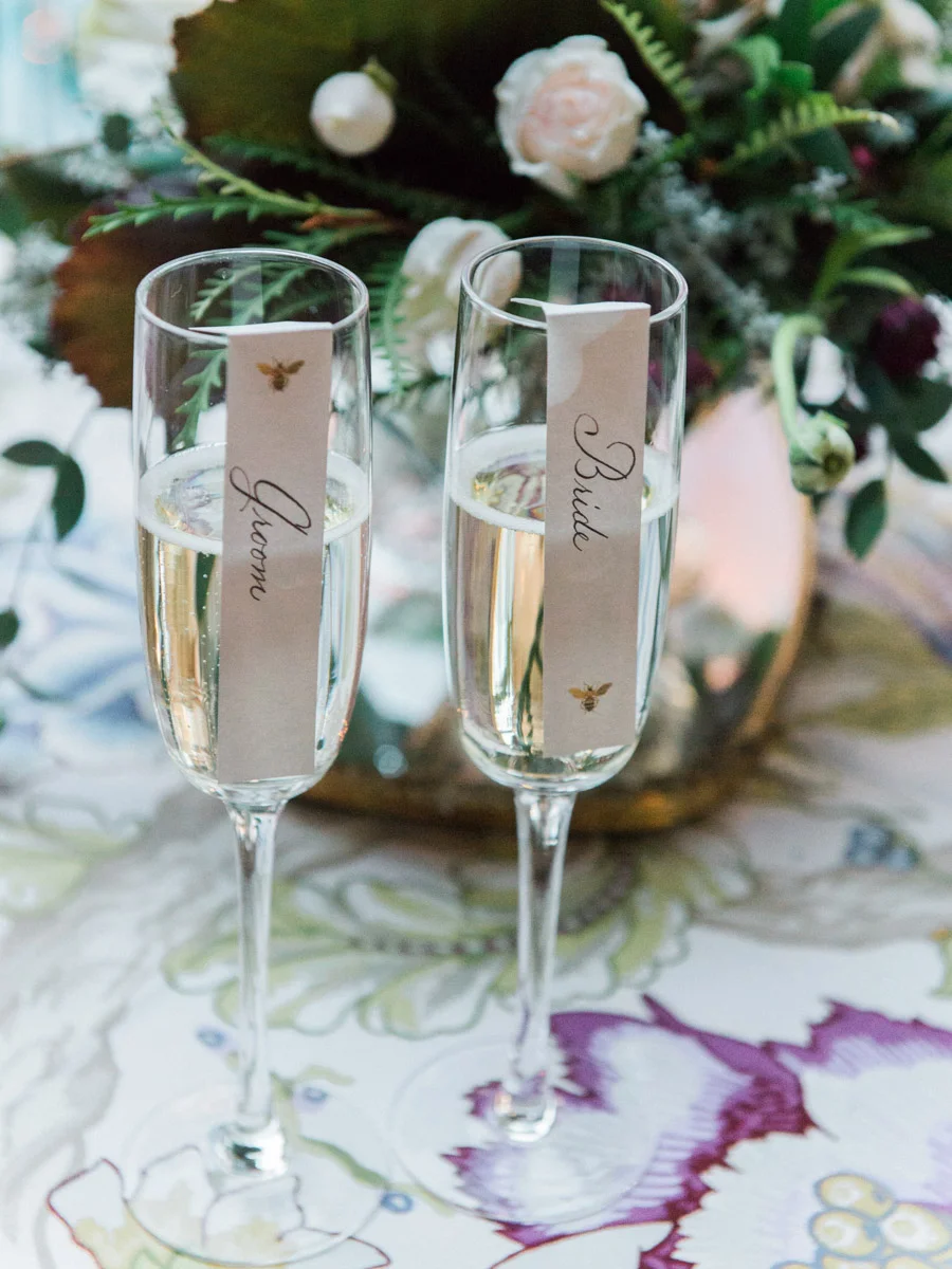 Bride and groom champagne glasses at the Goodstone Inn, Middleburg, Virginia, Planning by Bella Notte, Photo by Elisa Bricker Photography