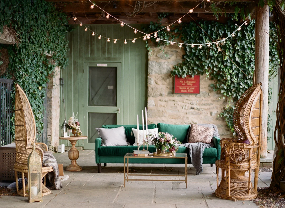 Stylish outdoor wedding reception lounge area at the Goodstone Inn, Middleburg, Virginia, Planning by Bella Notte, Photo by Elisa Bricker Photography