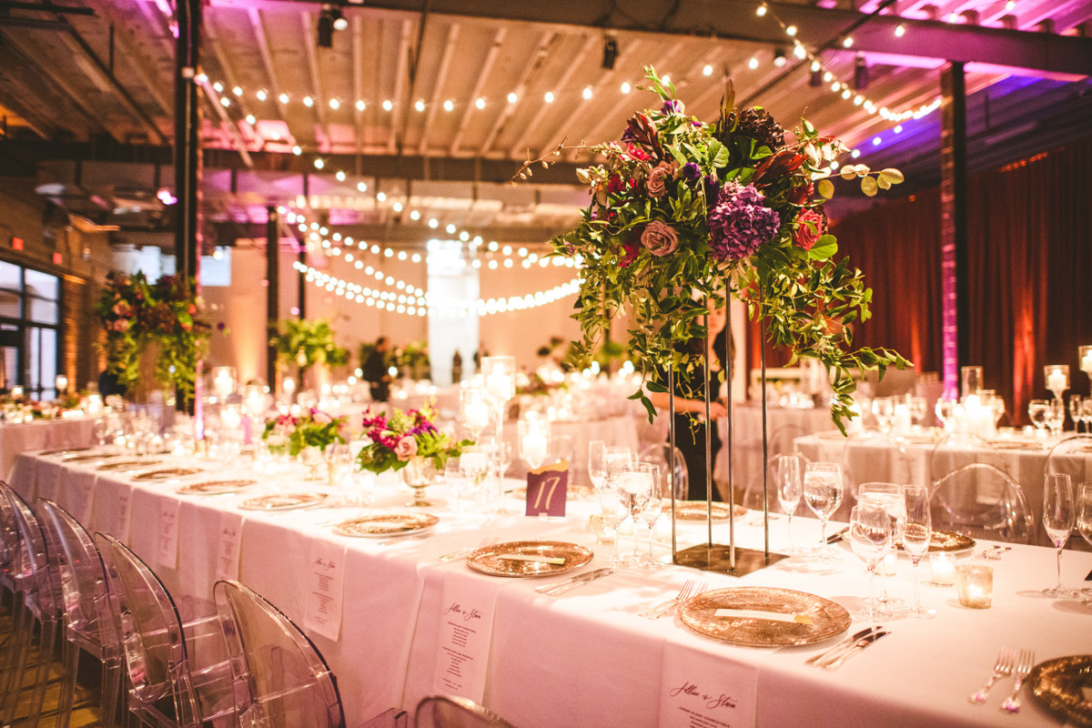 Modern wedding reception decor at Dock 5 at Union Market, DC, Planning by Bella Notte, Photo by Sam Hurd