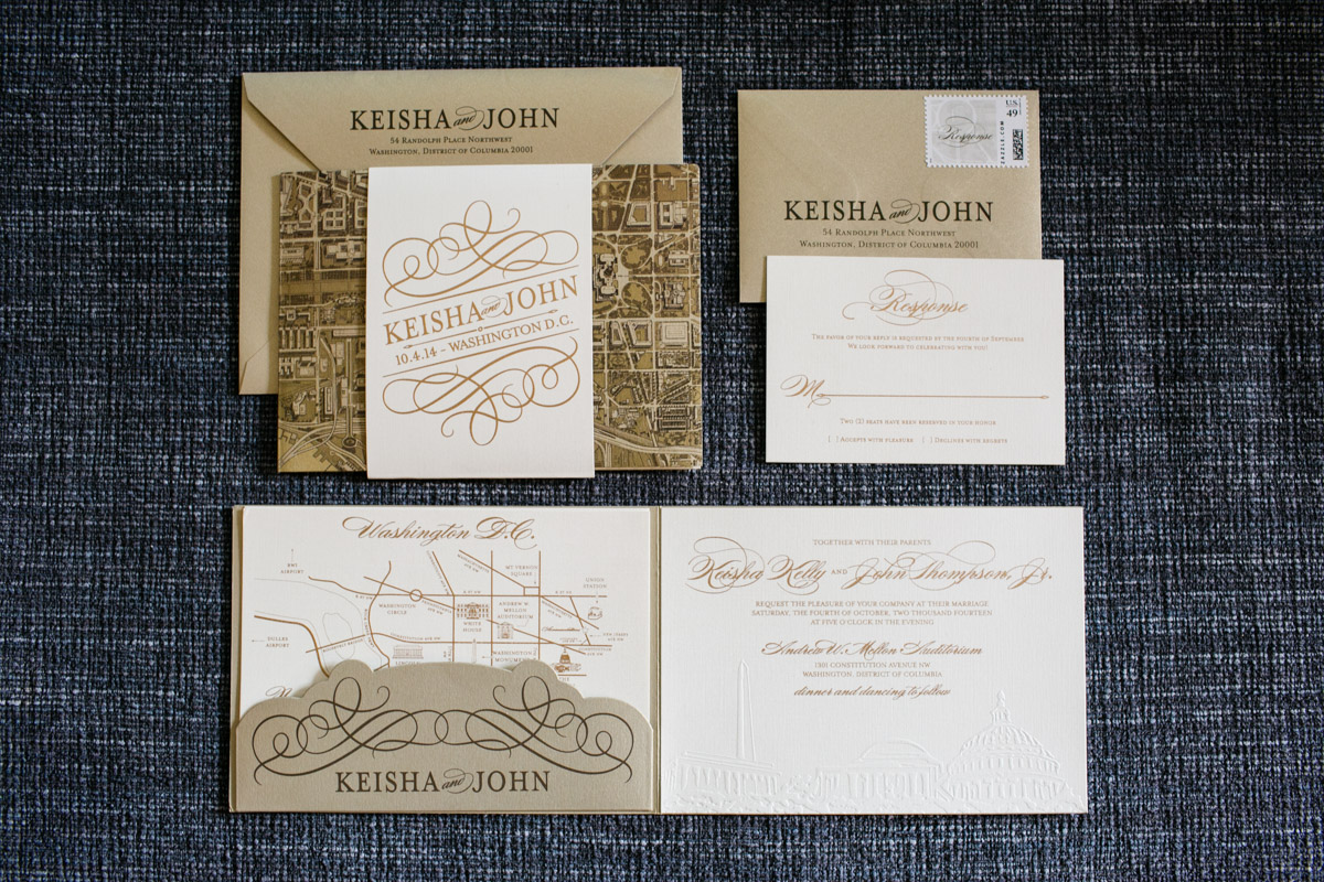 Gold wedding invitation suite for DC wedding at the Mellon Auditorium, Planning by Bella Notte, Photo by The Observatory