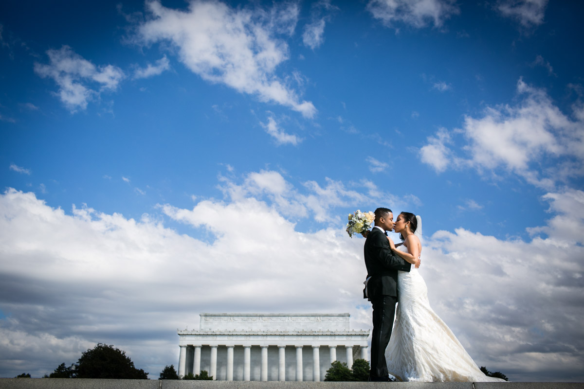 DC bride and groom in front of the Lincoln Memorial, Wedding Planning by Bella Notte, Photo by The Observatory
