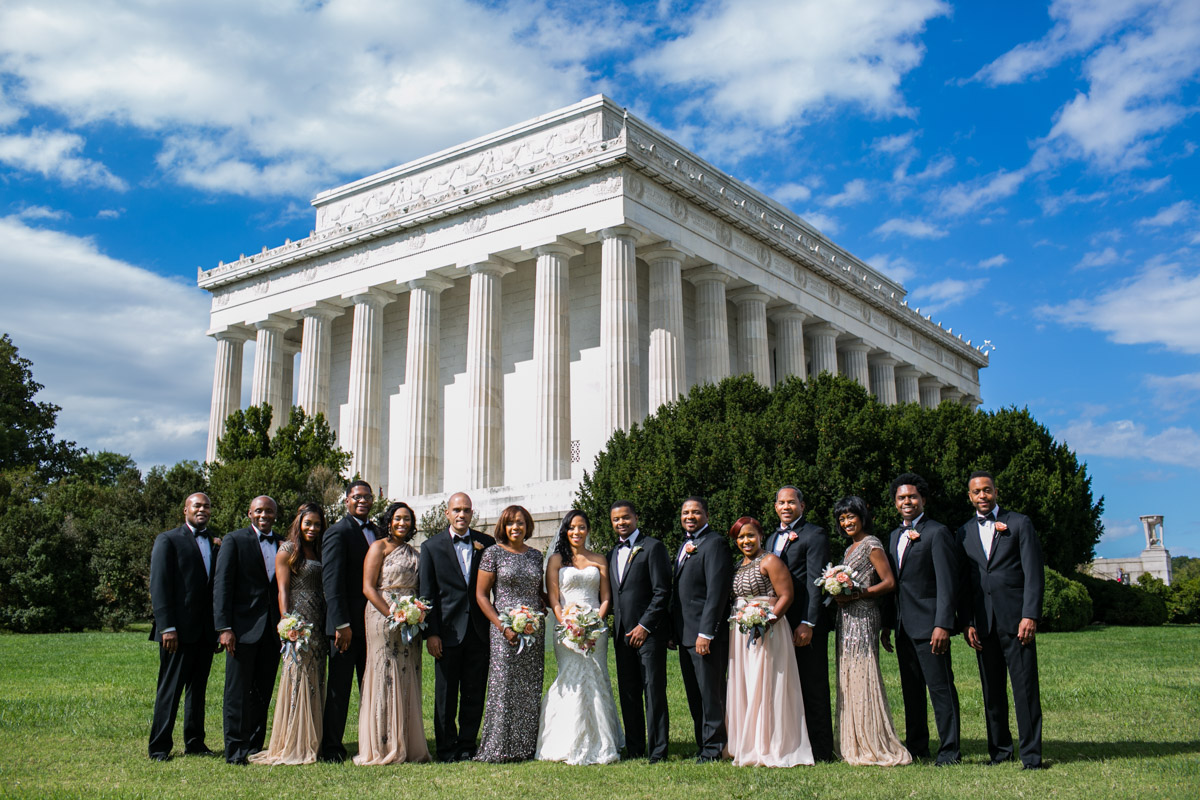 Formal wedding party in front of the Lincoln Memorial, Wedding Planning by Bella Notte, Photo by The Observatory