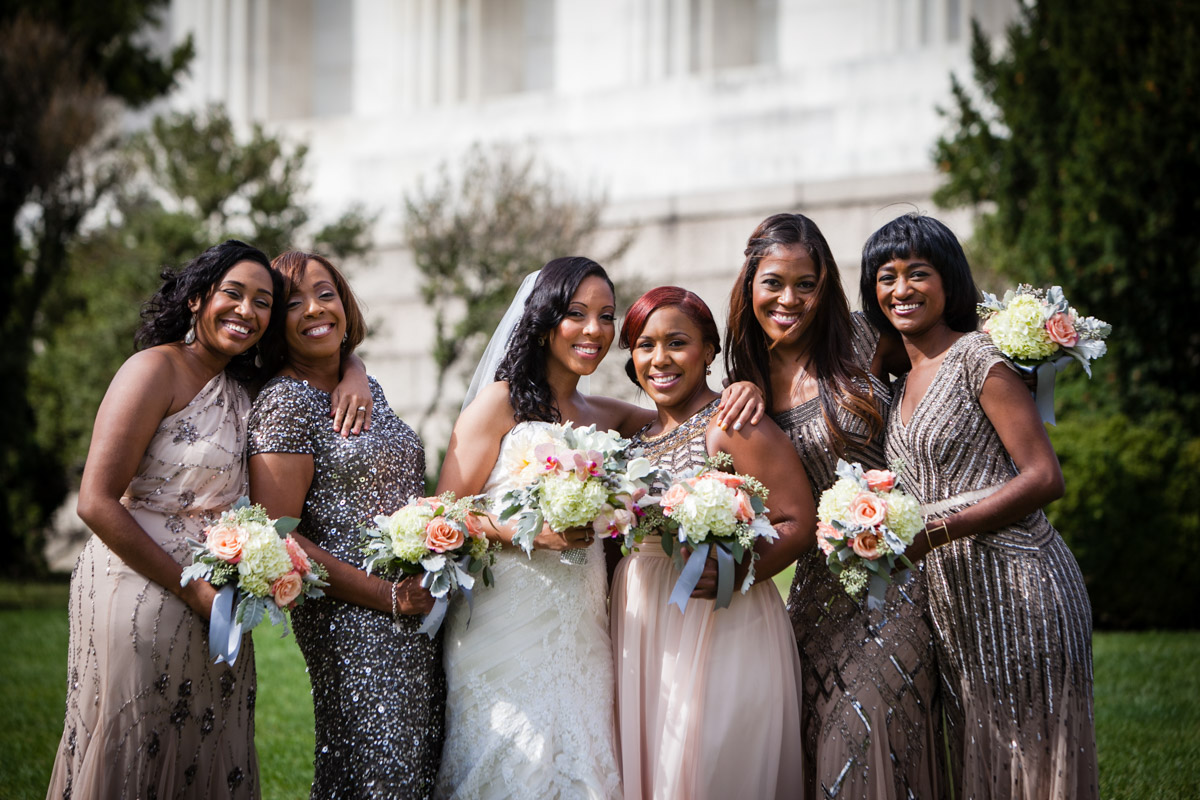 Stylish bride and bridesmaids in pink and grey sequin dresses, Wedding Planning by Bella Notte, Photo by The Observatory
