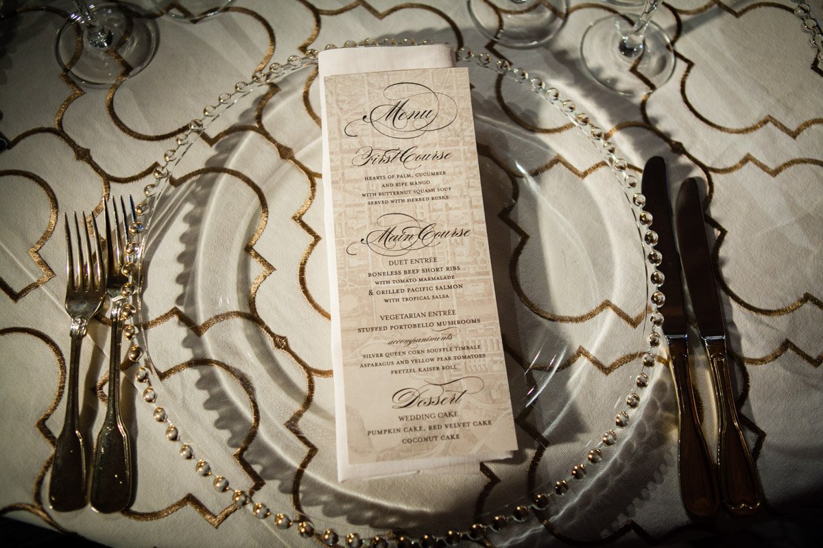 Cream and gold wedding reception dinner place settings at the Mellon Auditorium in DC, Planning by Bella Notte, Photo by The Observatory
