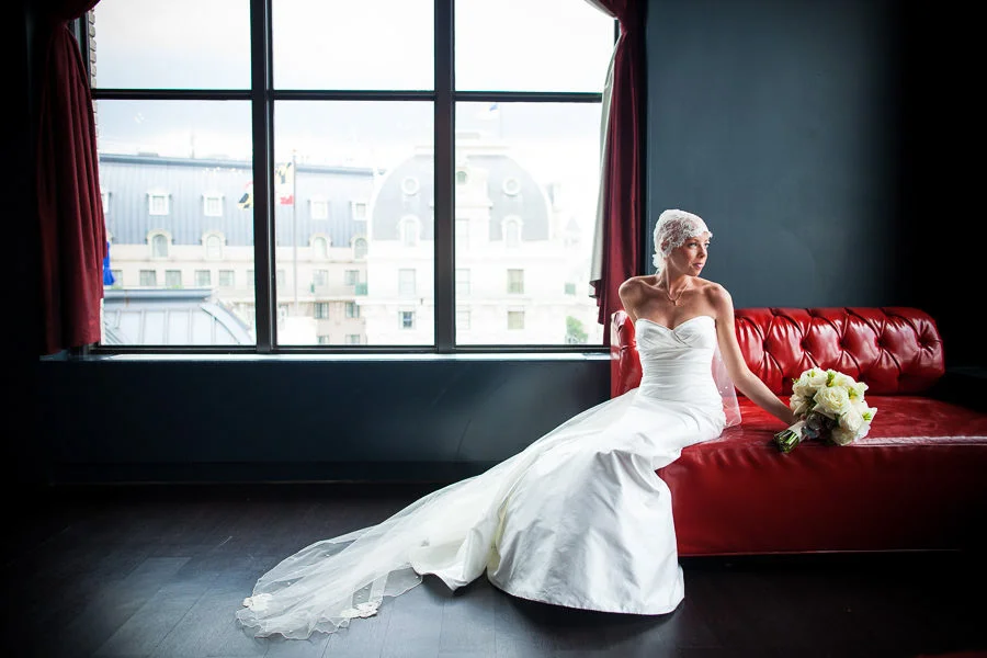 Gorgeous modern bride in strapless dress and lace veil at the W Hotel in DC, Wedding planning by Bella Notte, Photo by The Observatory