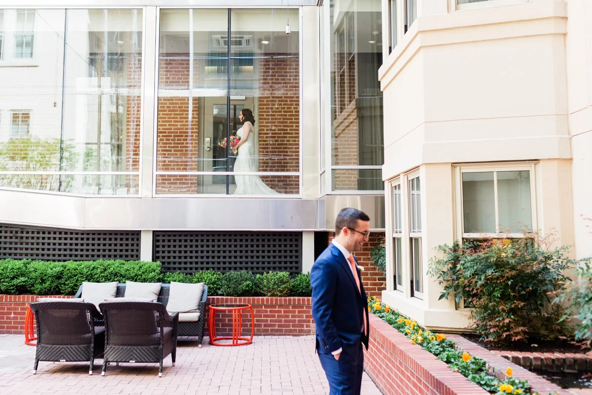 Bride and groom first look before Longview Gallery DC wedding, Planning by Bella Notte and Photo by Lisa Boggs Photography