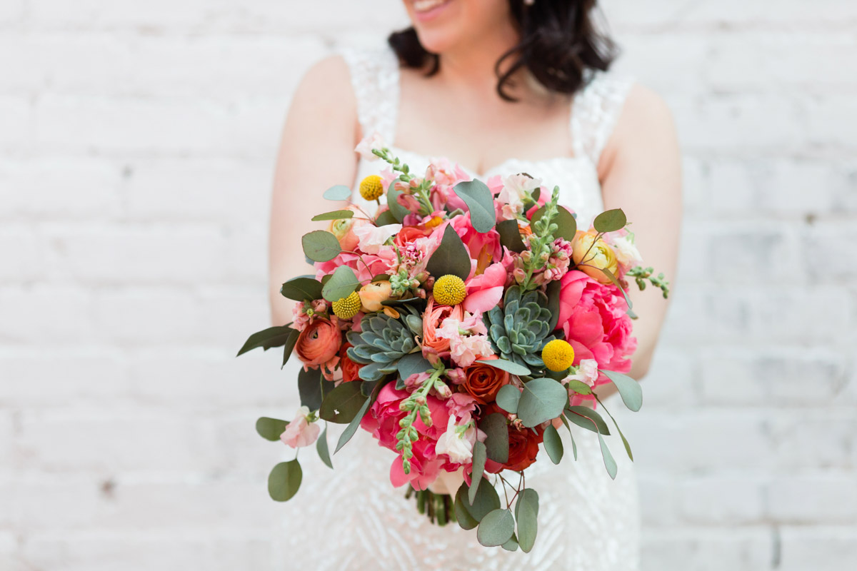 Bright pink, yellow and green bridal bouquet at Longview Gallery DC wedding, Planning by Bella Notte and Photo by Lisa Boggs Photography