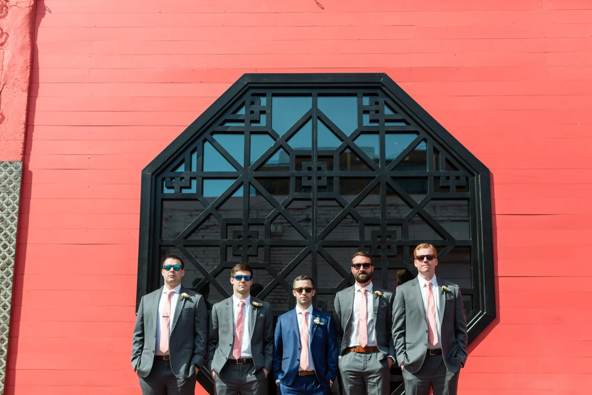 Groomsmen in grey suits and pink ties before Longview Gallery DC wedding, Planning by Bella Notte and Photo by Lisa Boggs Photography