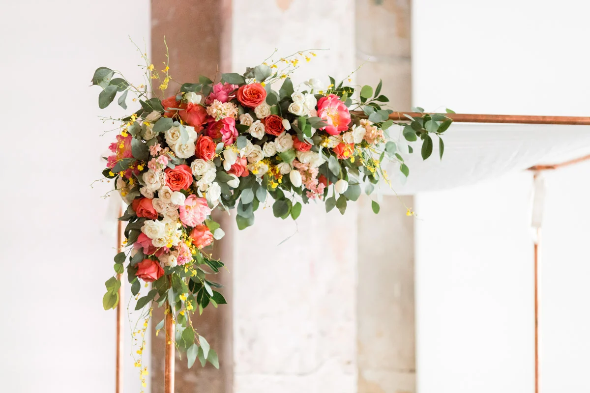 Modern floral and gold chuppah at Longview Gallery DC wedding, Planning by Bella Notte and Photo by Lisa Boggs Photography
